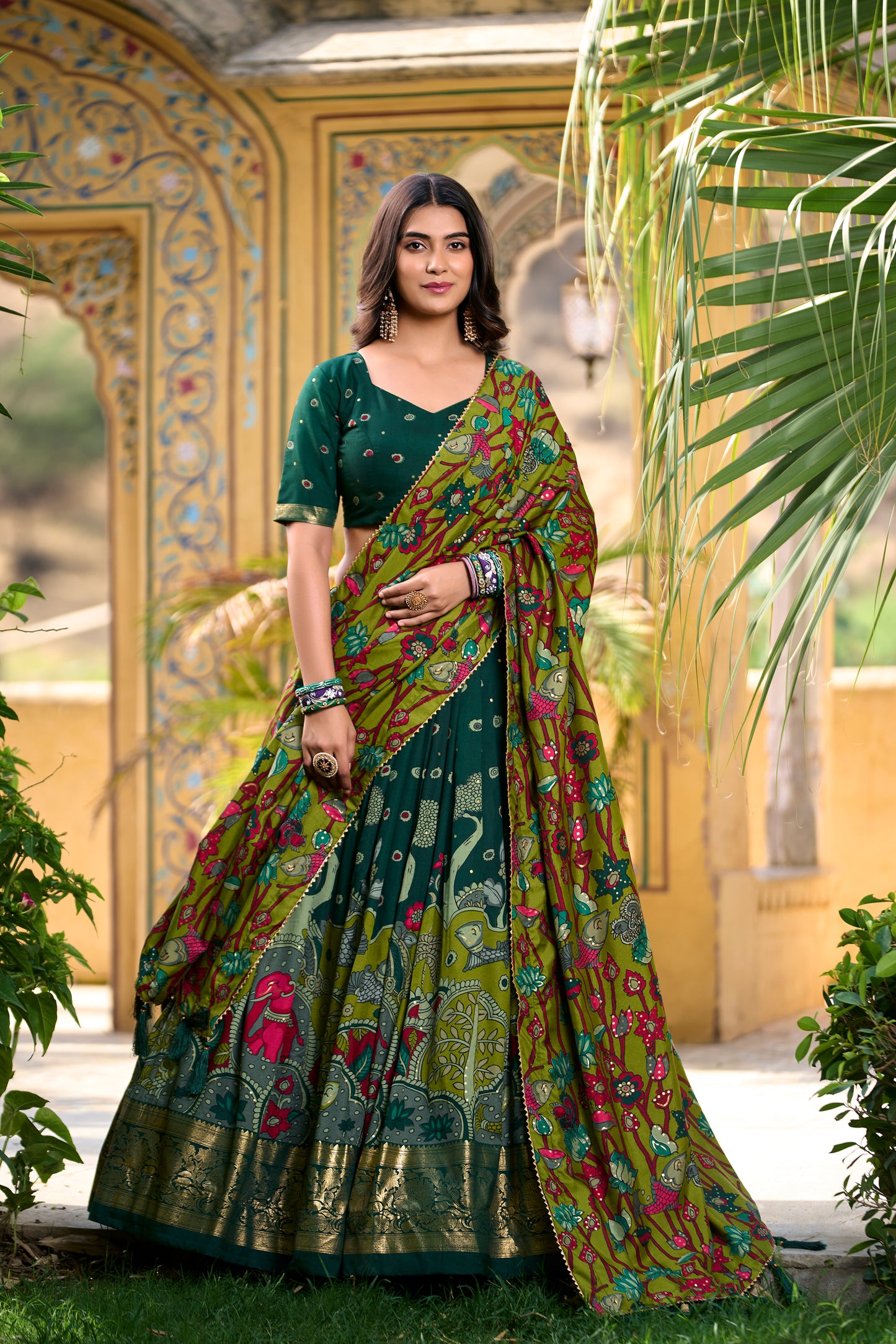 Green Color Kalamkari Print With Foil Work Tussar Silk Lehenga Choli