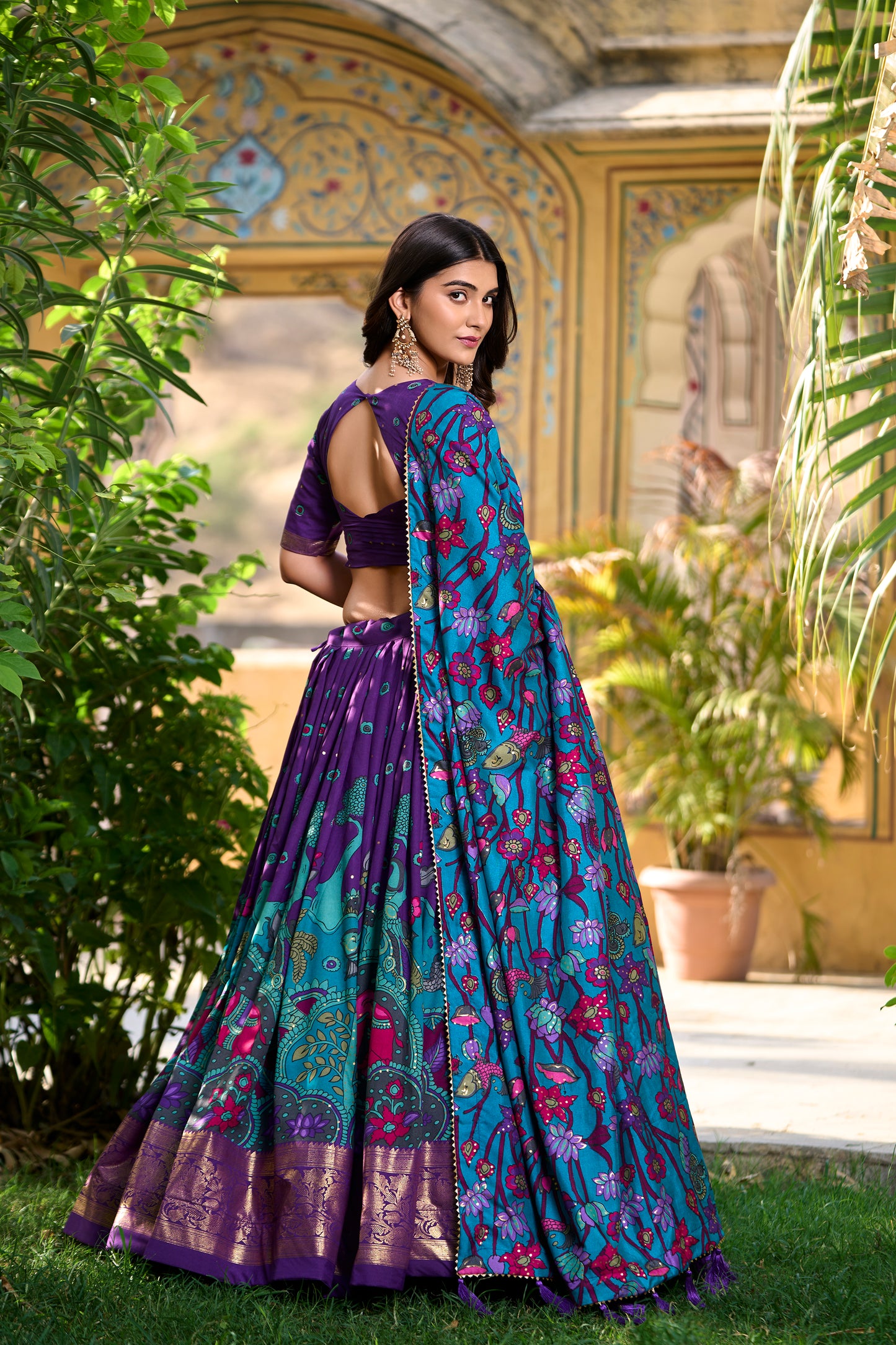 Purple Color Kalamkari Print With Foil Work Tussar Silk Lehenga Choli