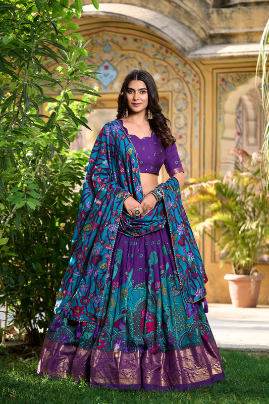 Purple Color Kalamkari Print With Foil Work Tussar Silk Lehenga Choli