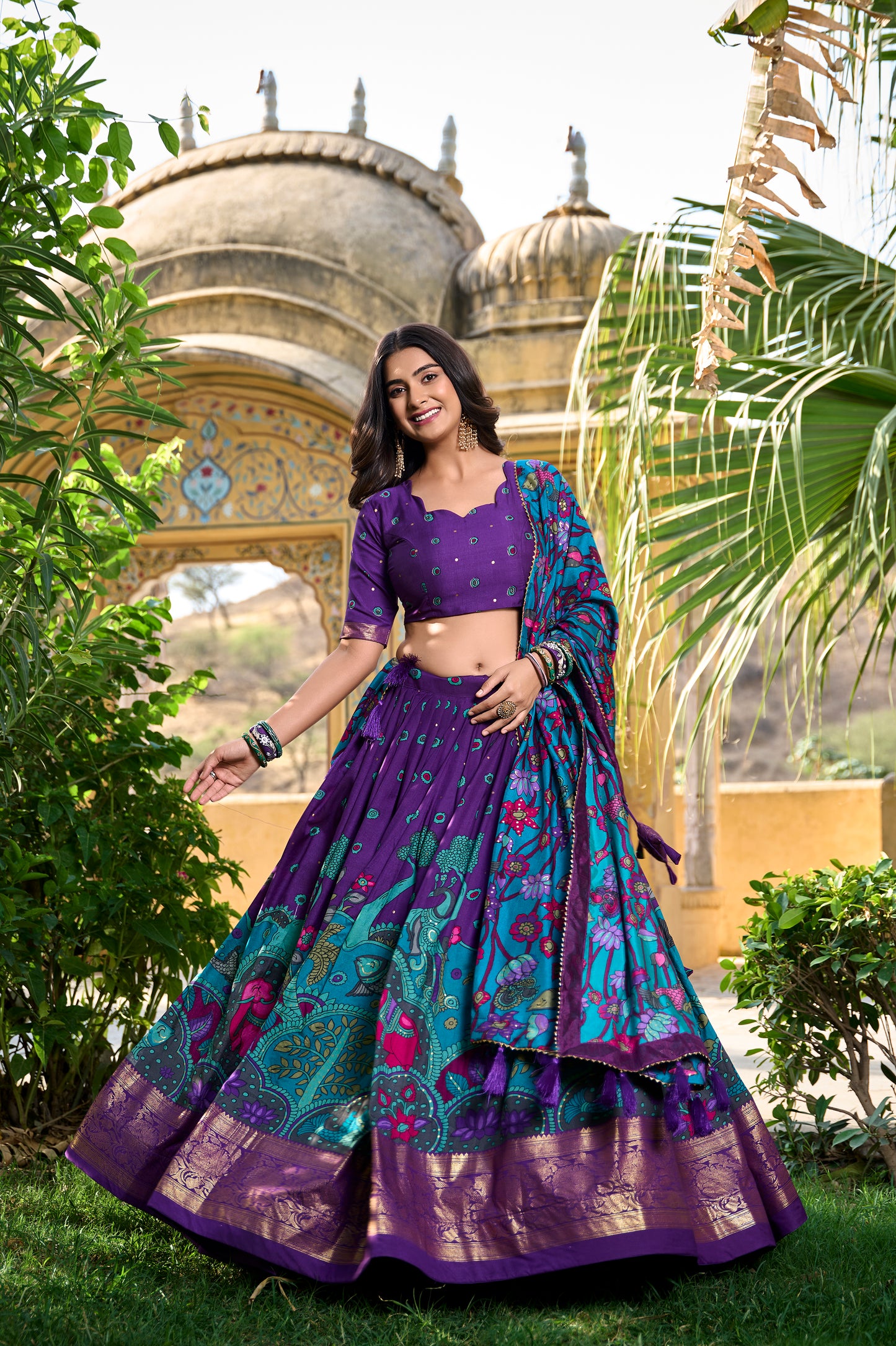 Purple Color Kalamkari Print With Foil Work Tussar Silk Lehenga Choli