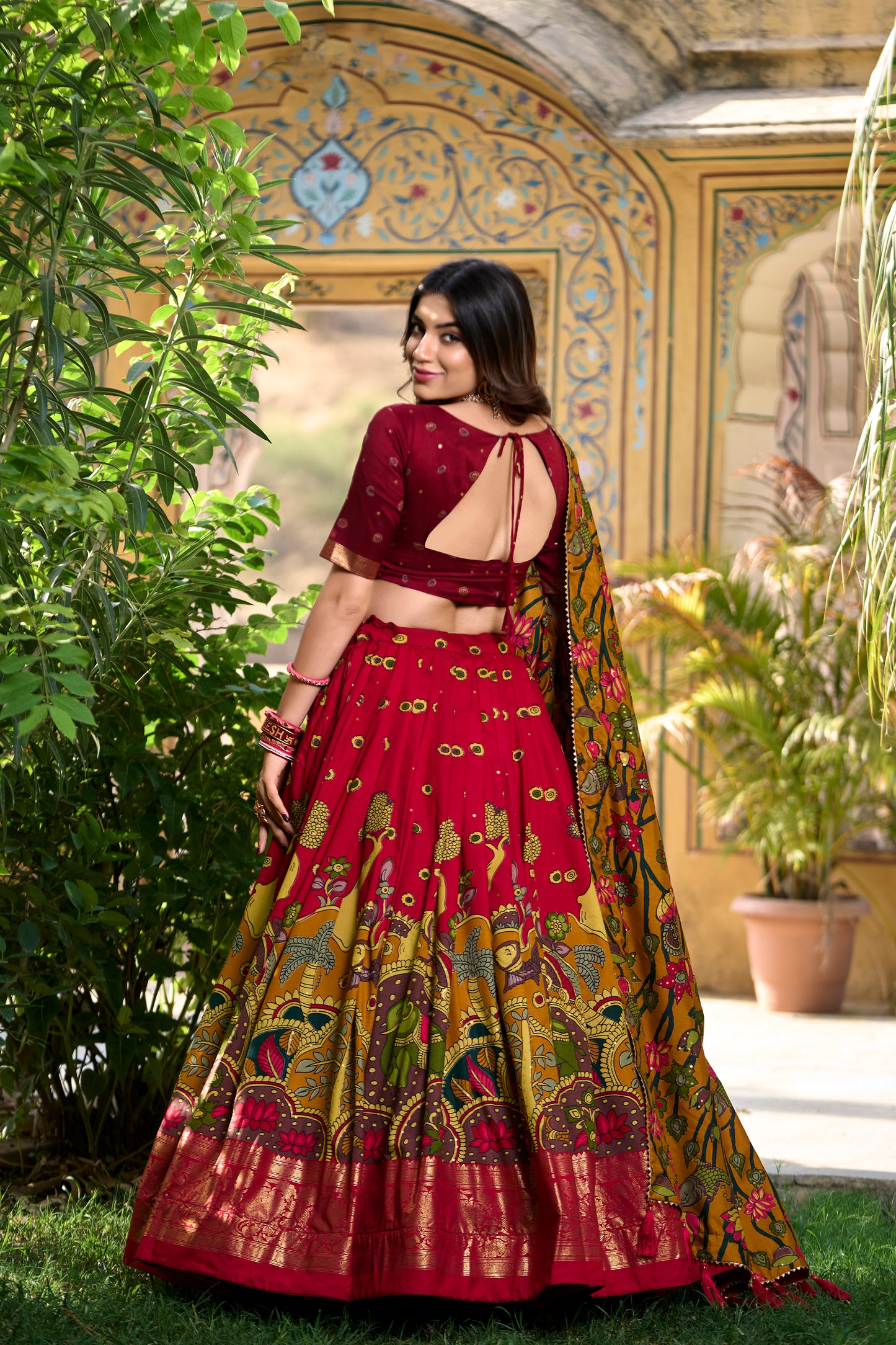 Red Color Kalamkari Print With Foil Work Tussar Silk Lehenga Choli