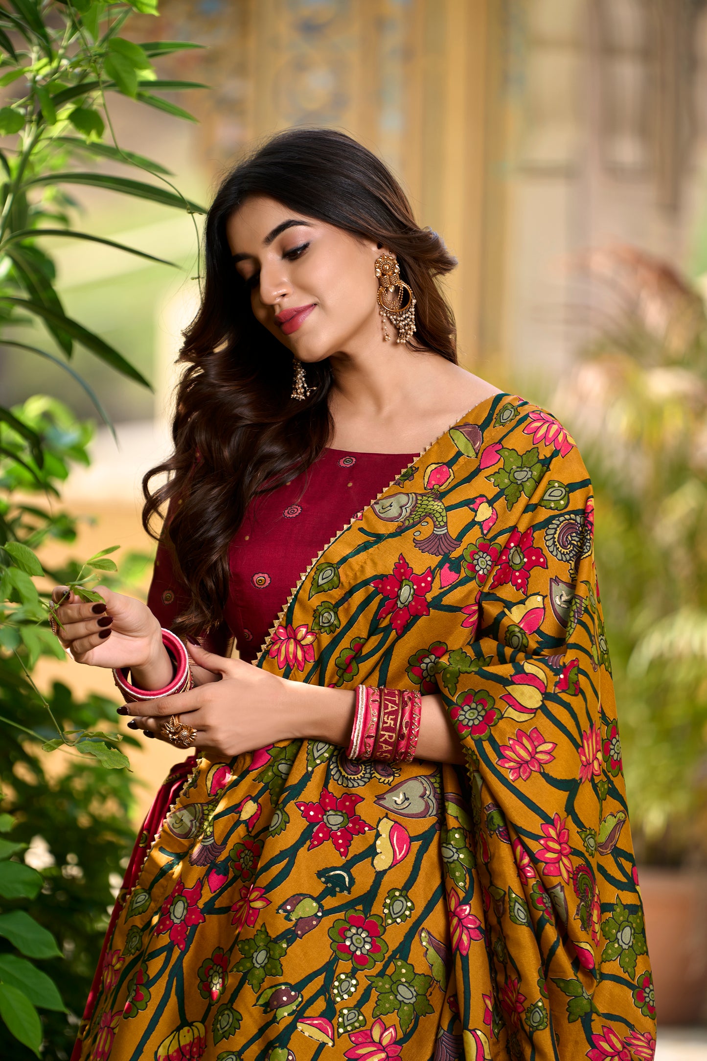 Red Color Kalamkari Print With Foil Work Tussar Silk Lehenga Choli