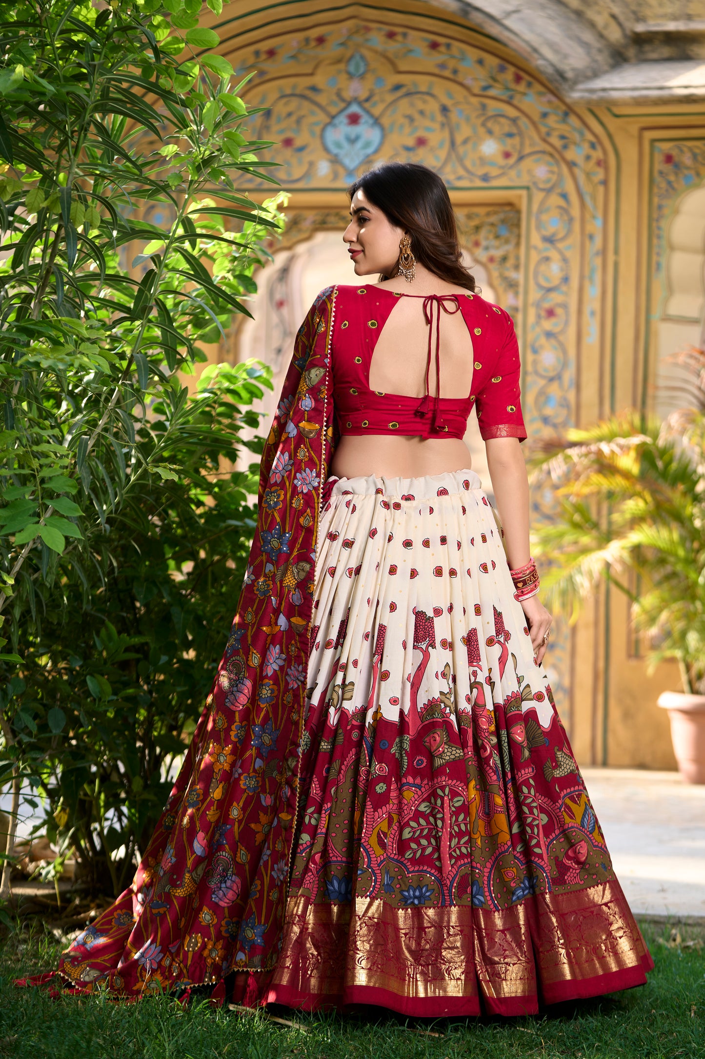 Off White Color Kalamkari Print With Foil Work Tussar Silk Lehenga Choli