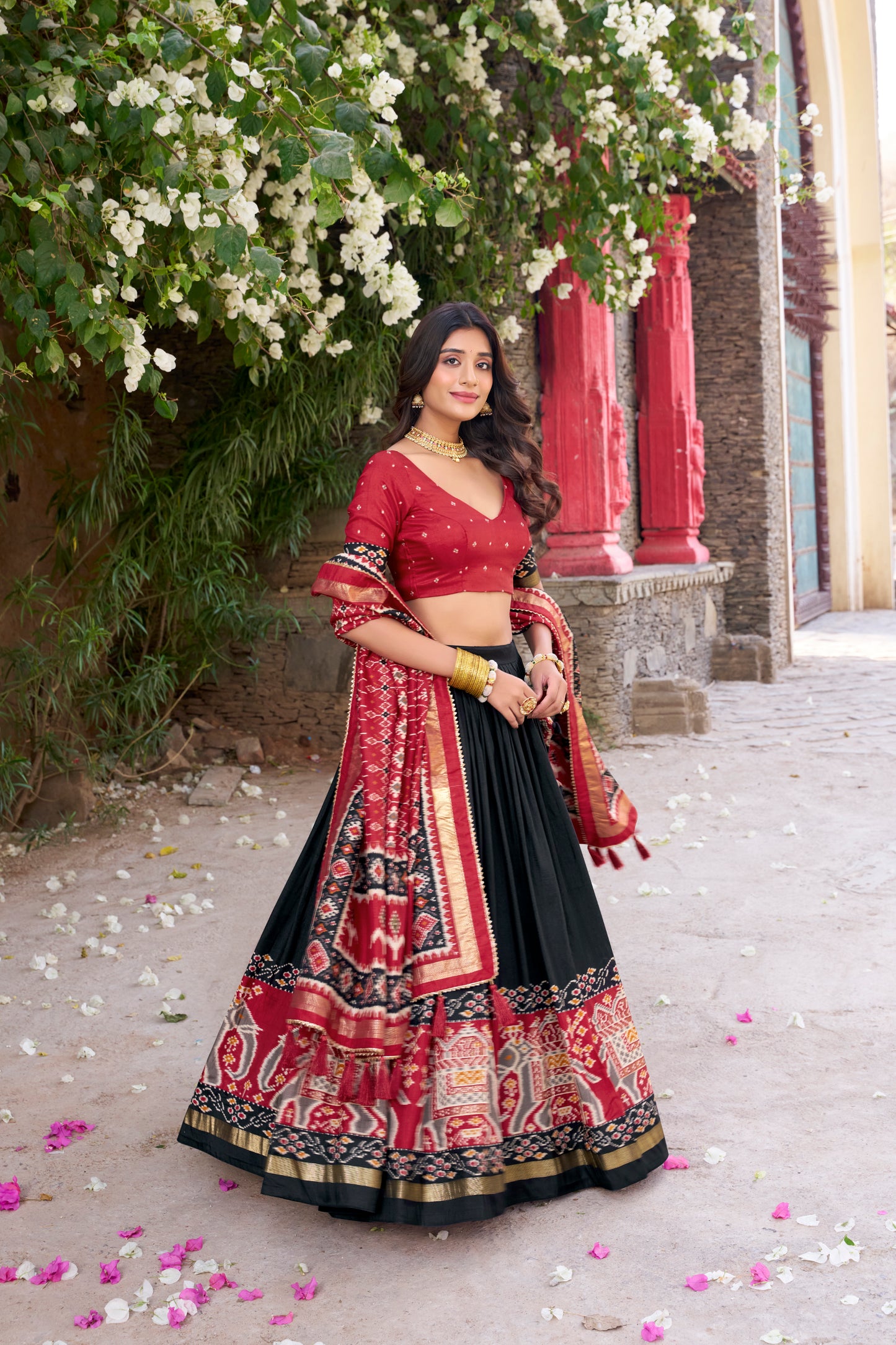 Black Color Patola Printed Tussar Silk Lehenga Choli