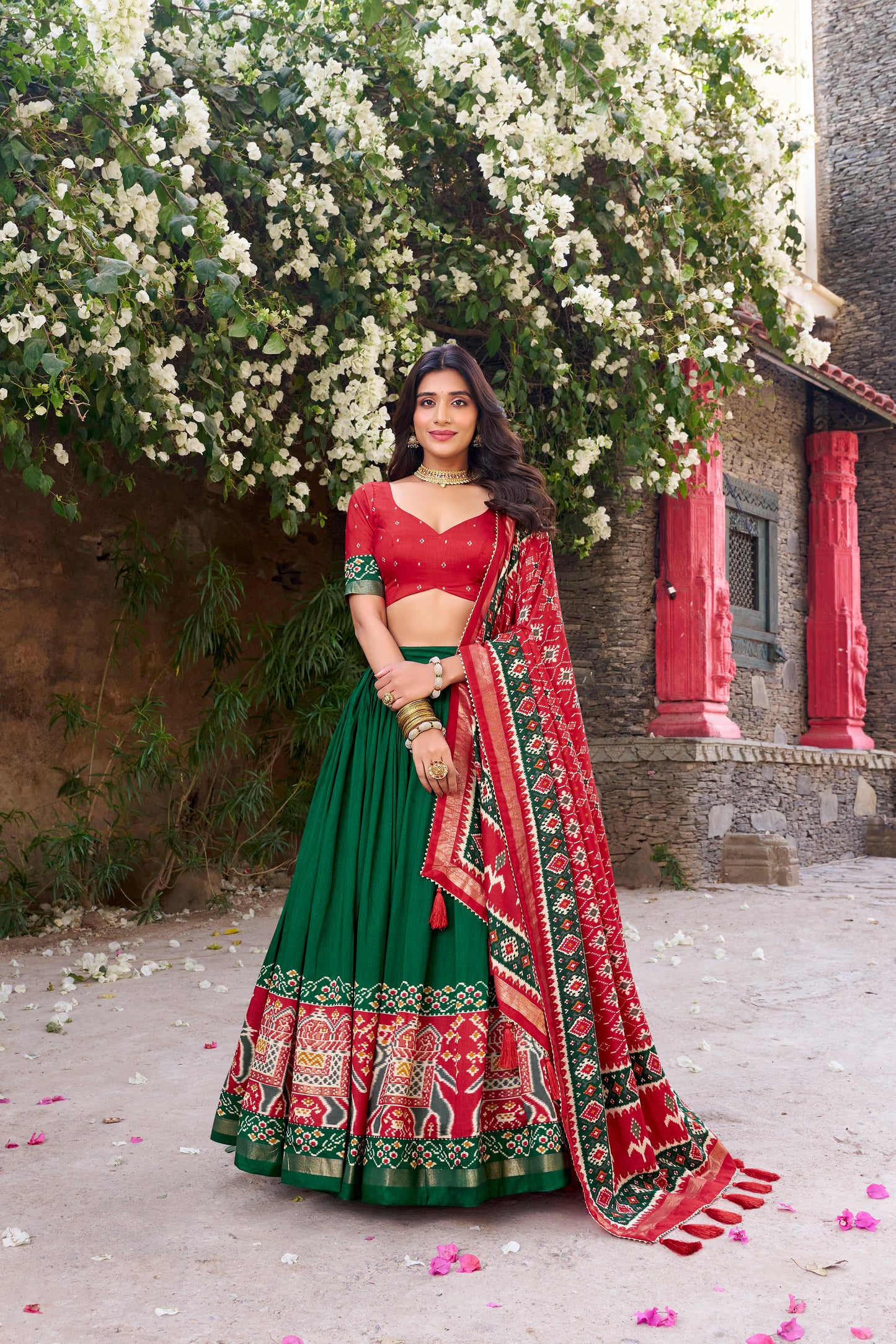 Green Color Patola Printed Tussar Silk Lehenga Choli
