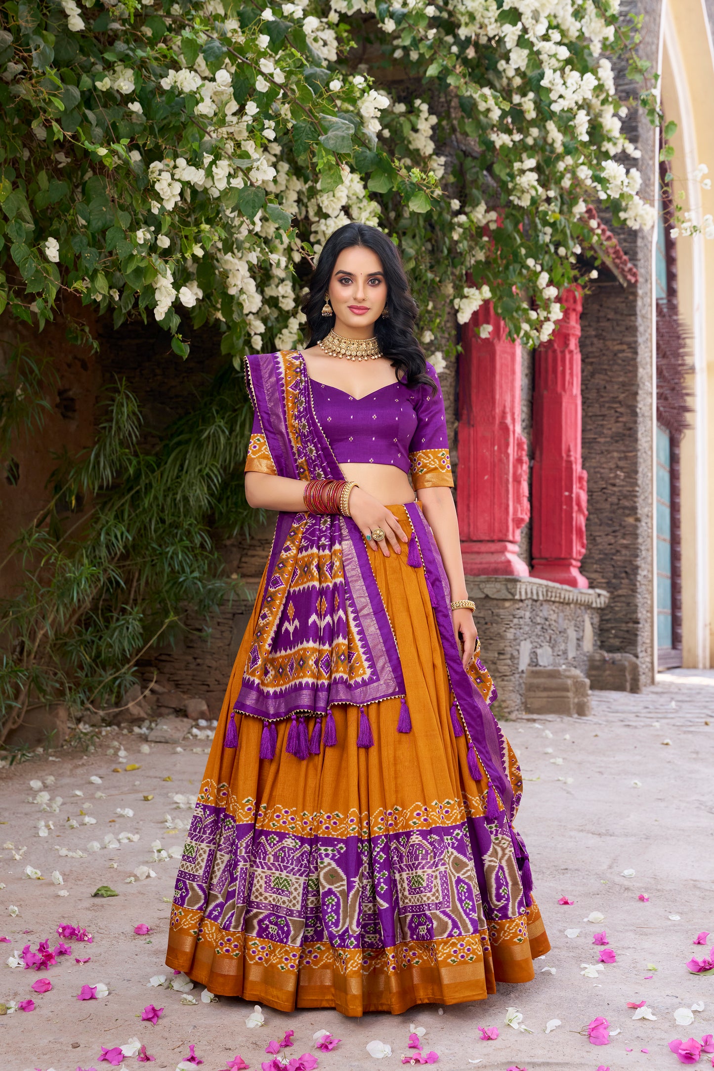 Mustard Color Patola Printed Tussar Silk Lehenga Choli