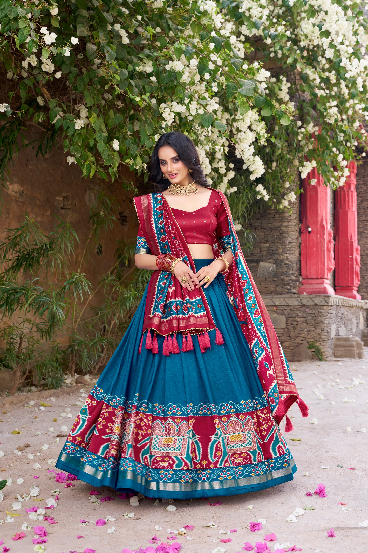 Teal Color Patola Printed Tussar Silk Lehenga Choli