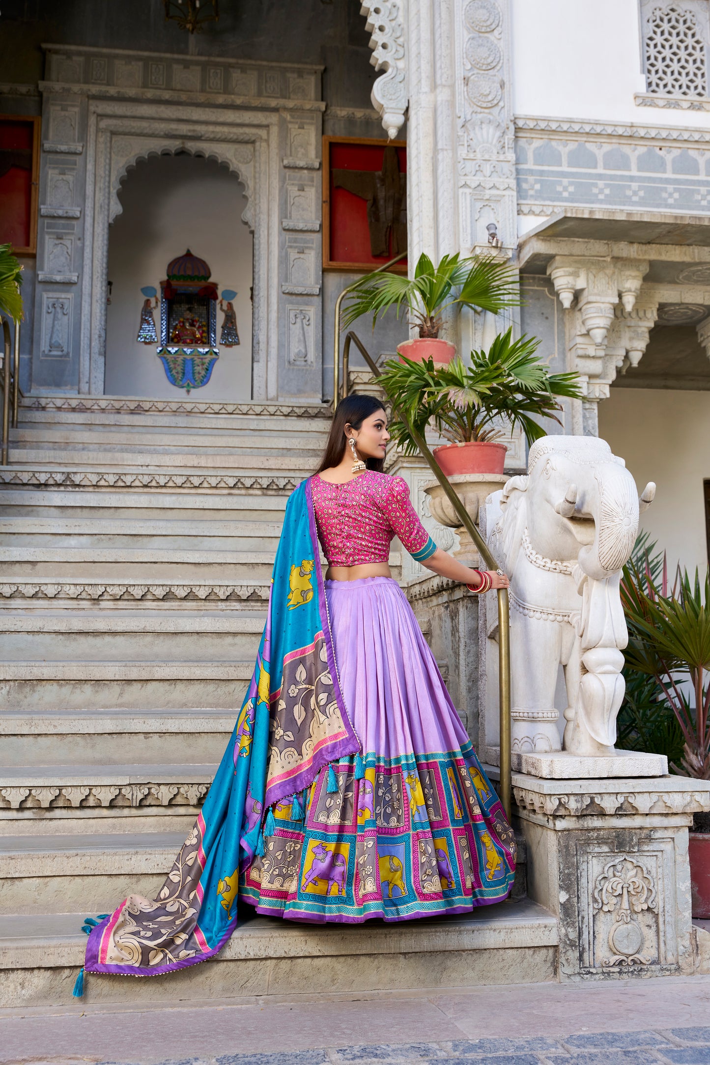 Lavender Color Kalamkari With Foil Work Tussar Silk Lehenga Choli