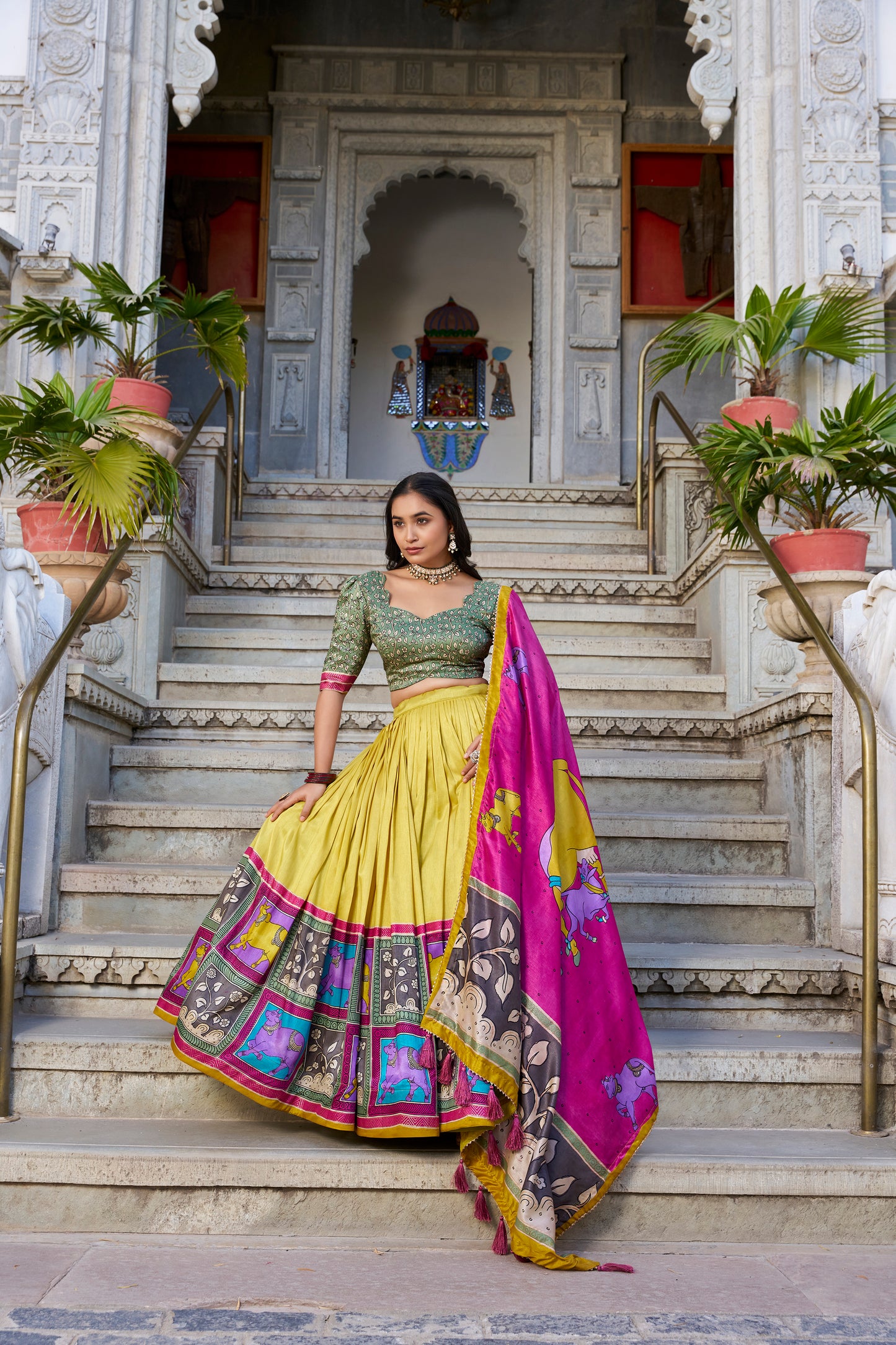 Mustard Color Kalamkari With Foil Work Tussar Silk Lehenga Choli