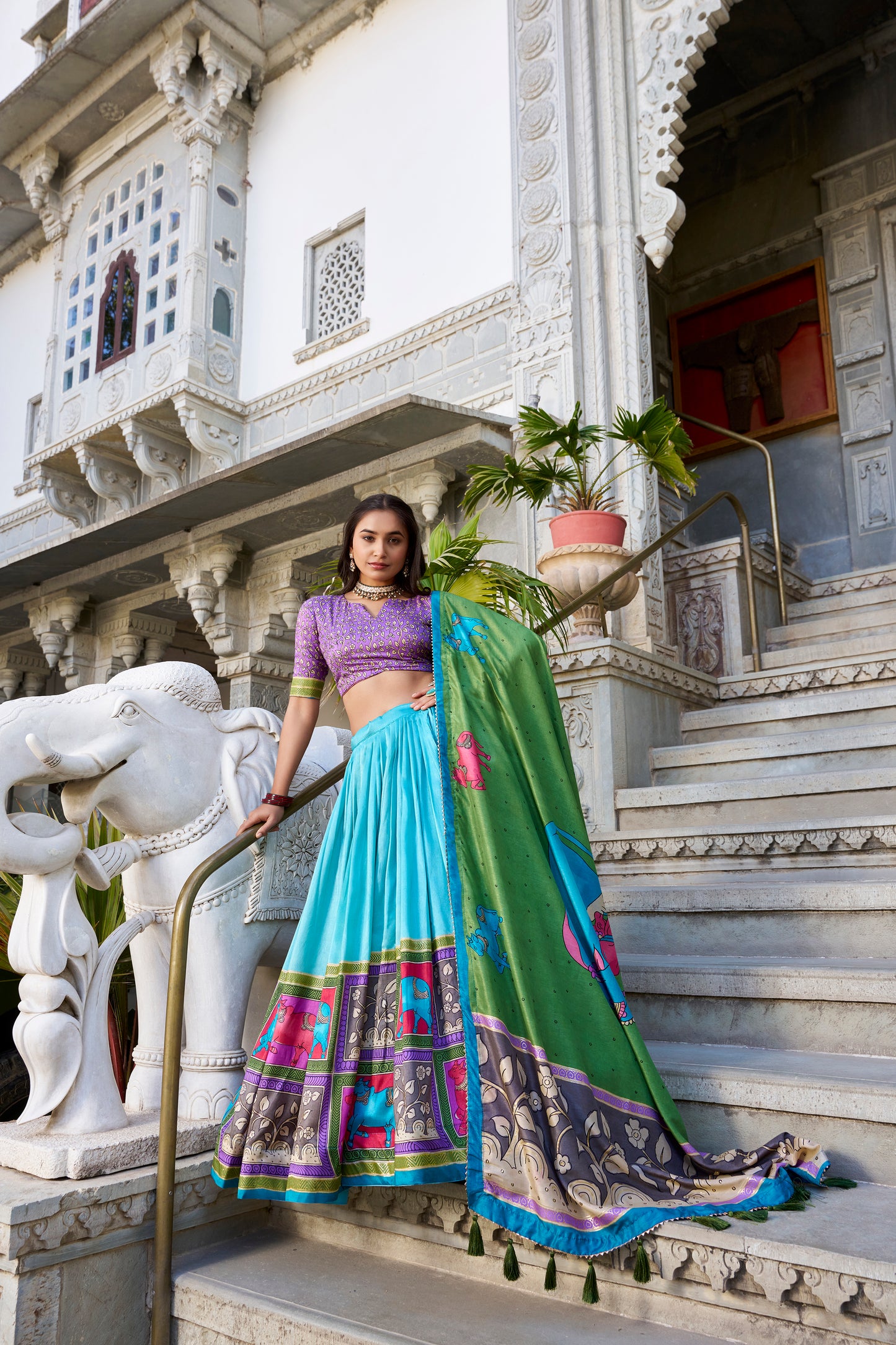 See Green Color Kalamkari With Foil Work Tussar Silk Lehenga Choli