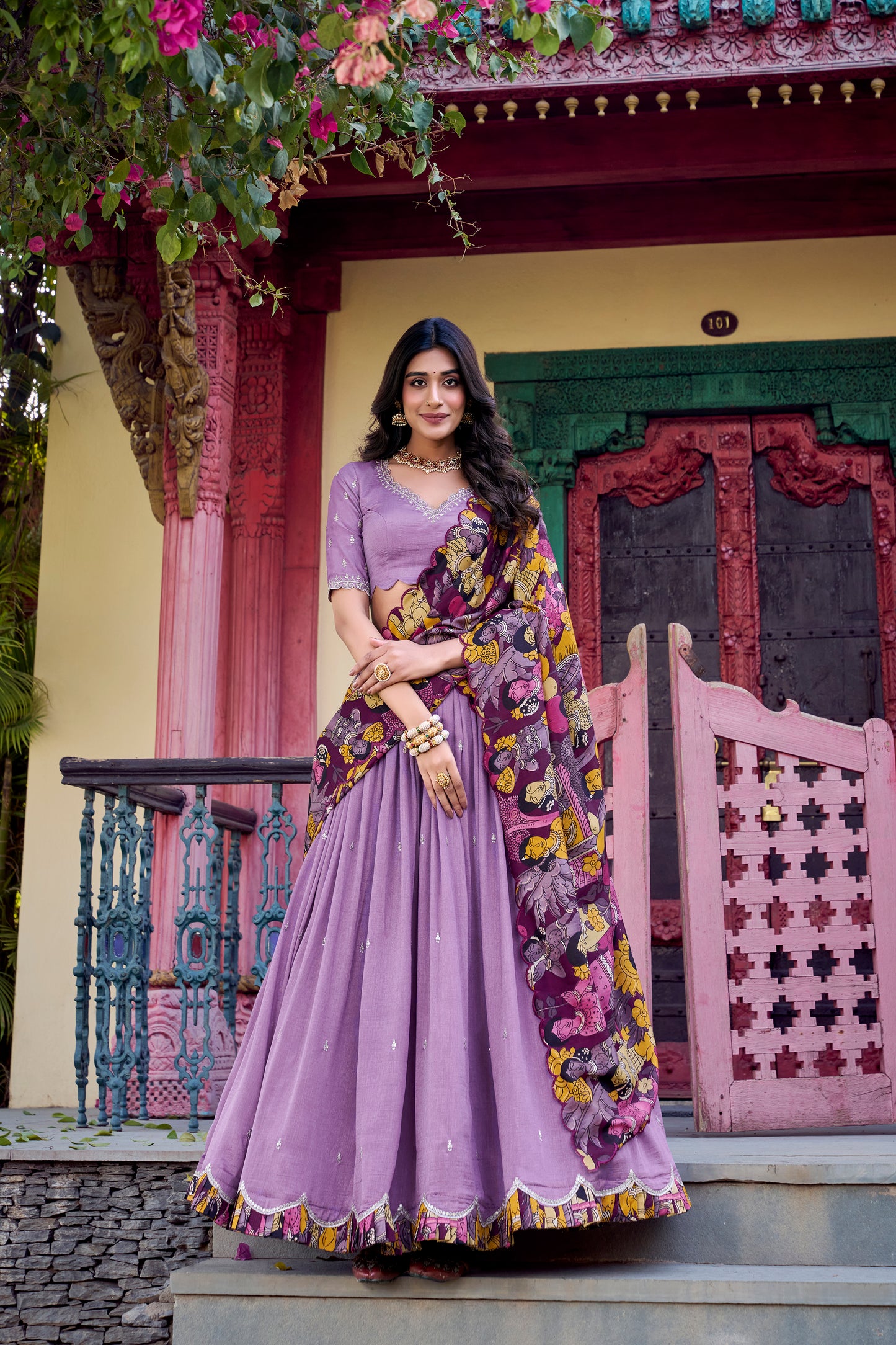 Lavender Color Sequins And Thread Embroidery Work Vichitra Silk Lehenga