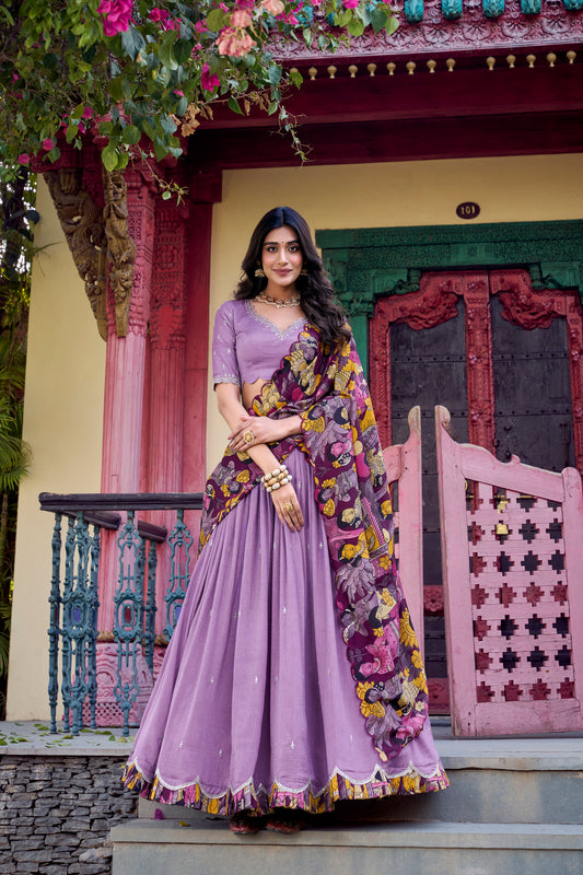 Lavender Color Sequins And Thread Embroidery Work Vichitra Silk Lehenga