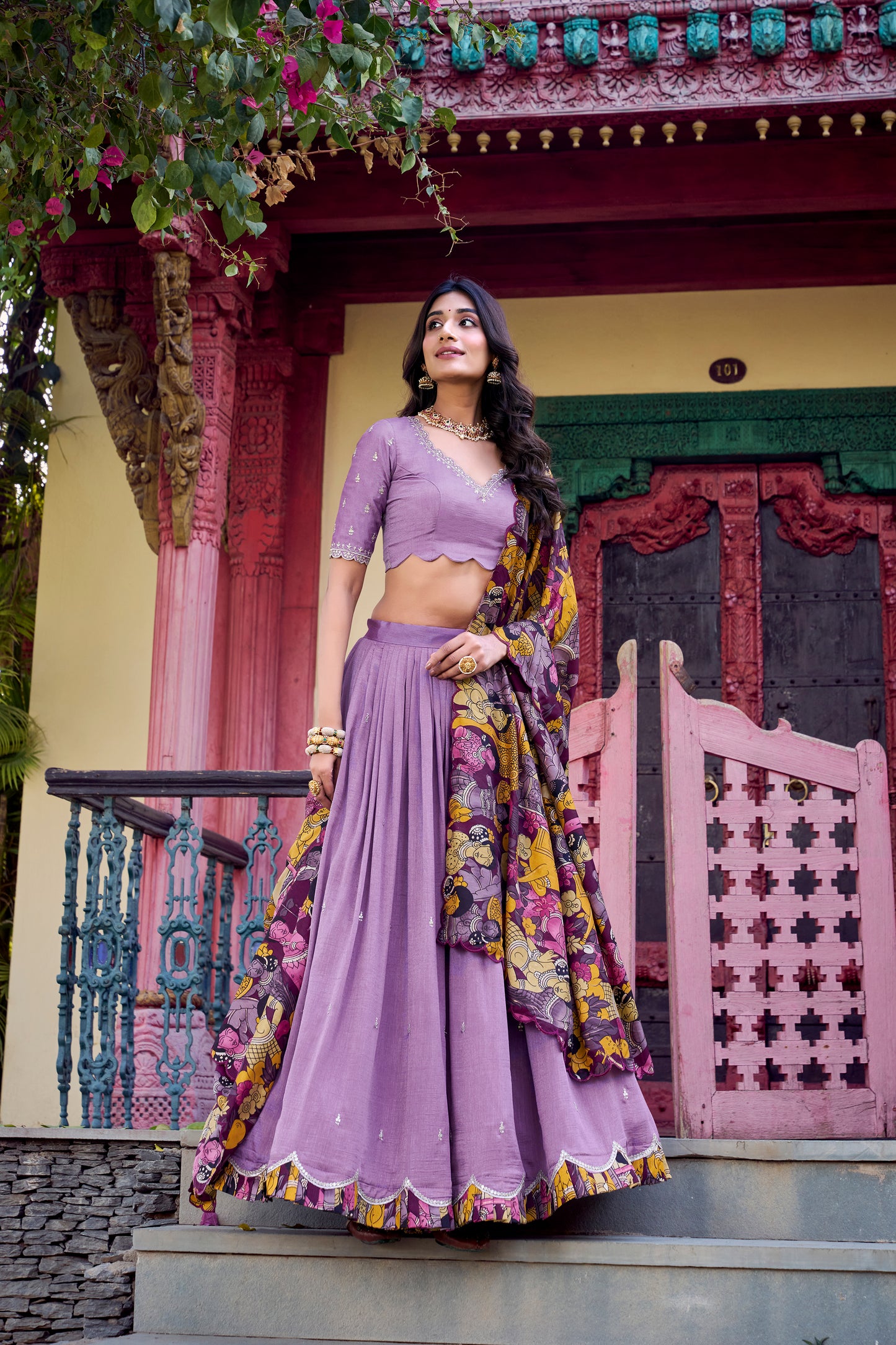 Lavender Color Sequins And Thread Embroidery Work Vichitra Silk Lehenga