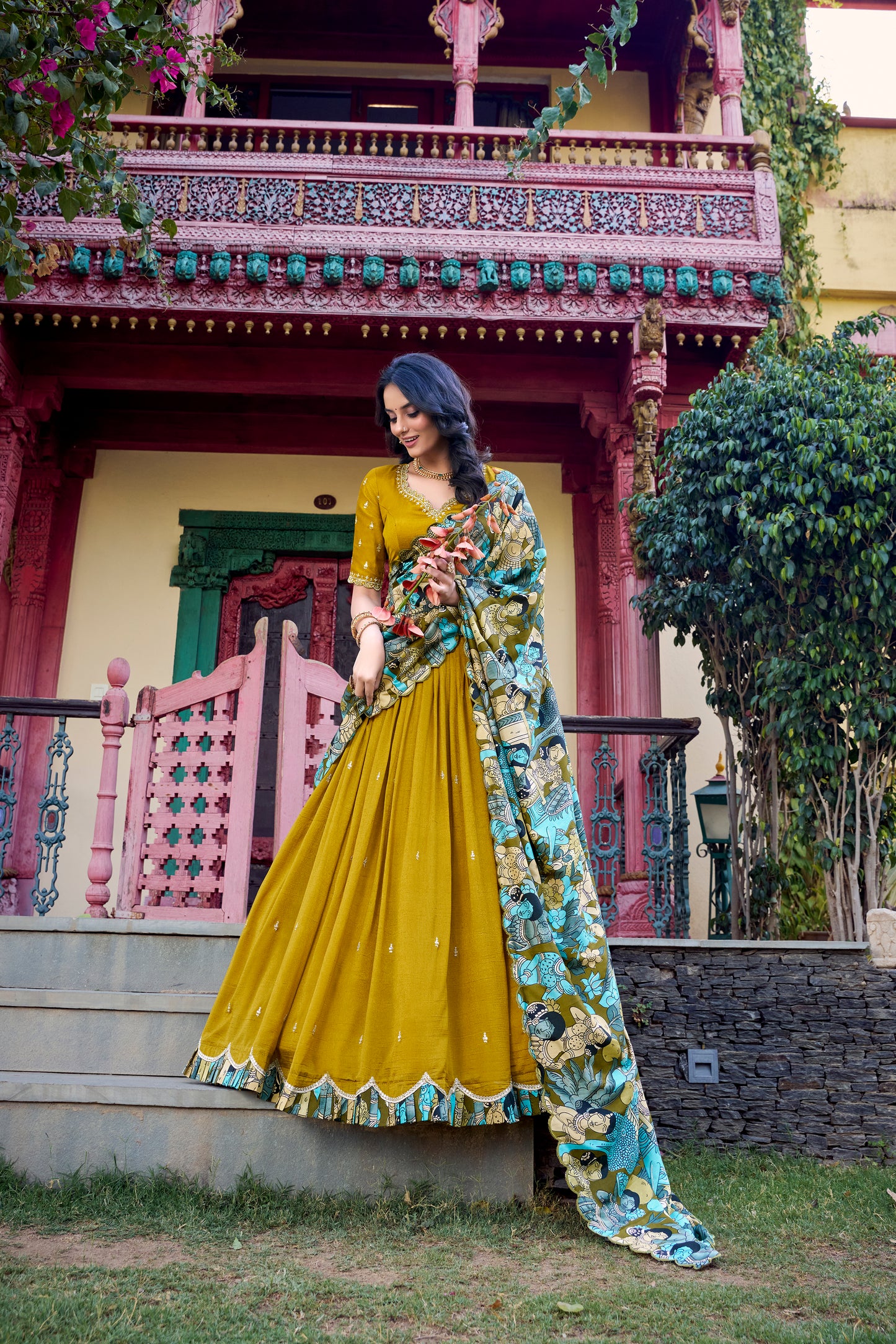 Mustard Color Sequins And Thread Embroidery Work Vichitra Silk Lehenga