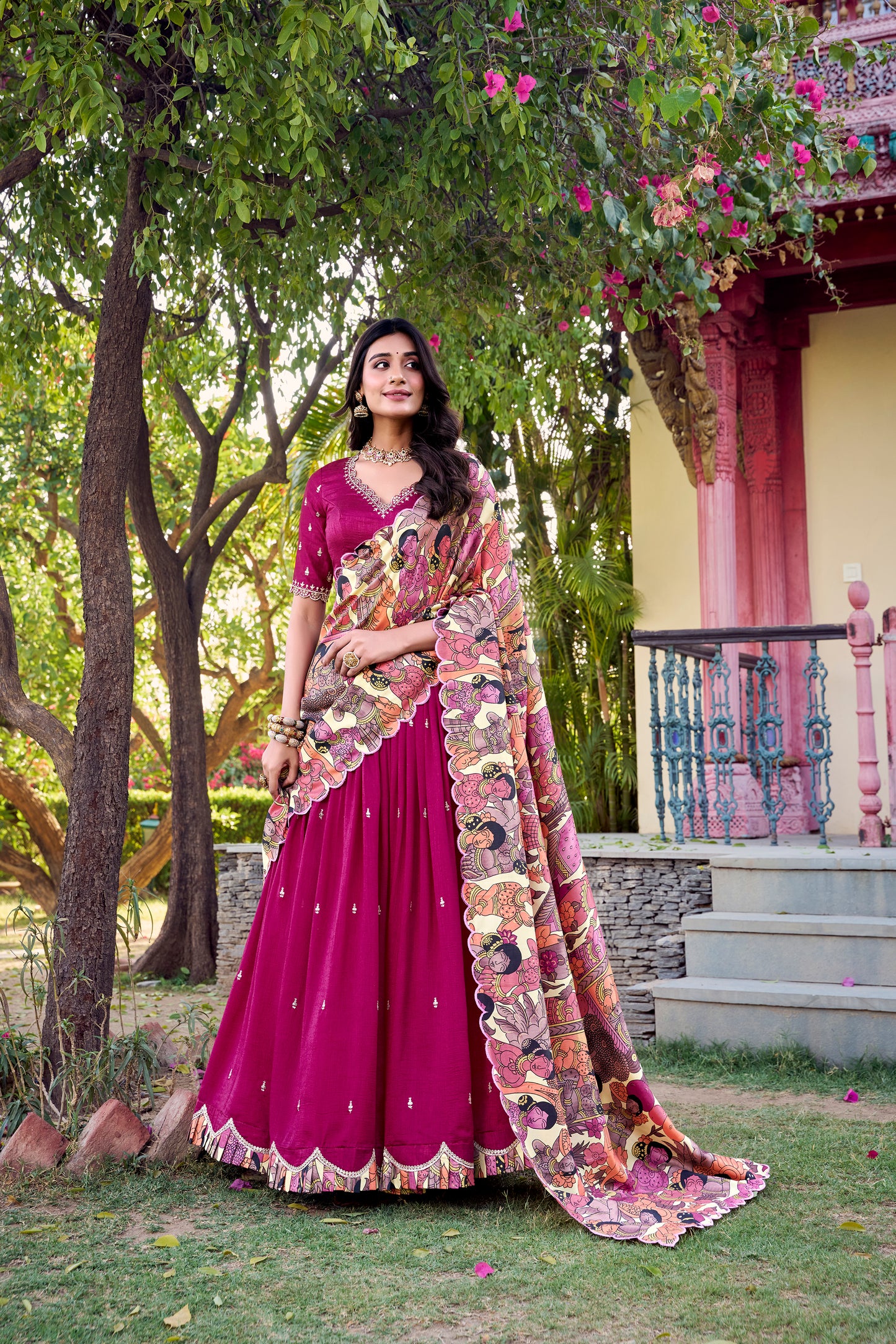 Pink Color Sequins And Thread Embroidery Work Vichitra Silk Lehenga