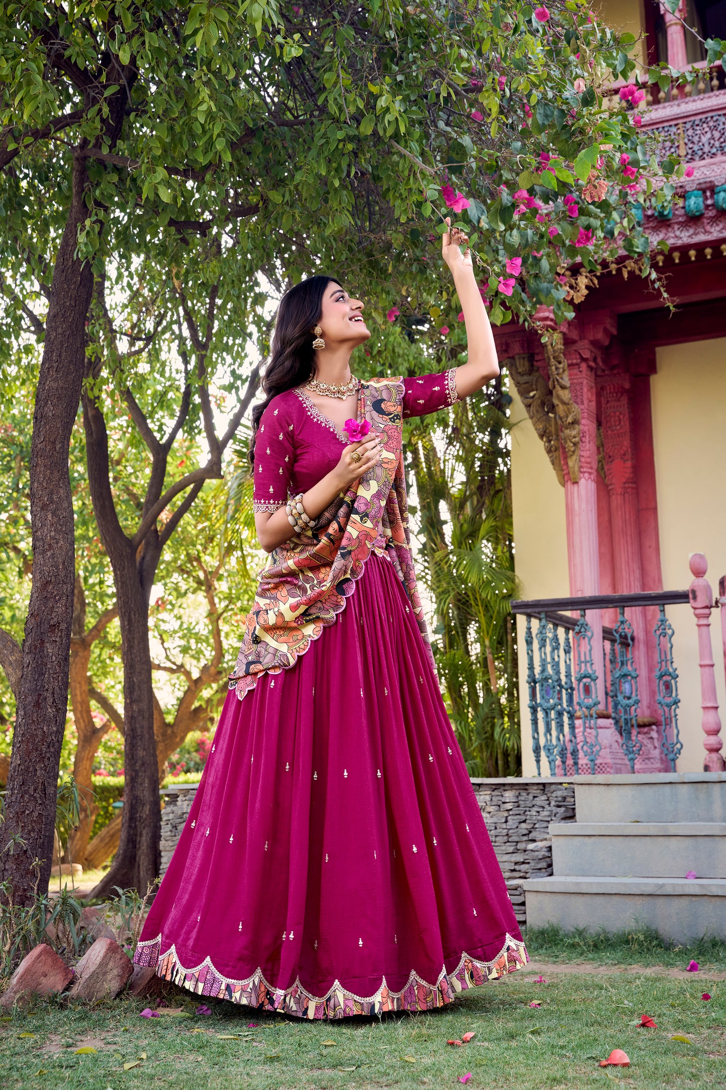 Pink Color Sequins And Thread Embroidery Work Vichitra Silk Lehenga