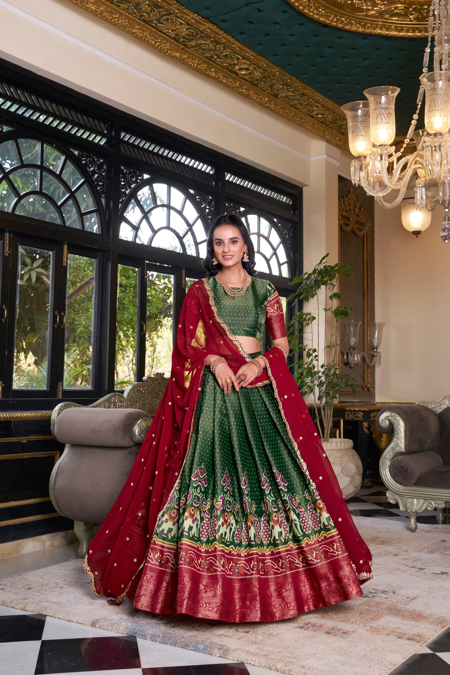 Green Color Printed With Zari Weaving Work Kanchipuram Lehenga Choli