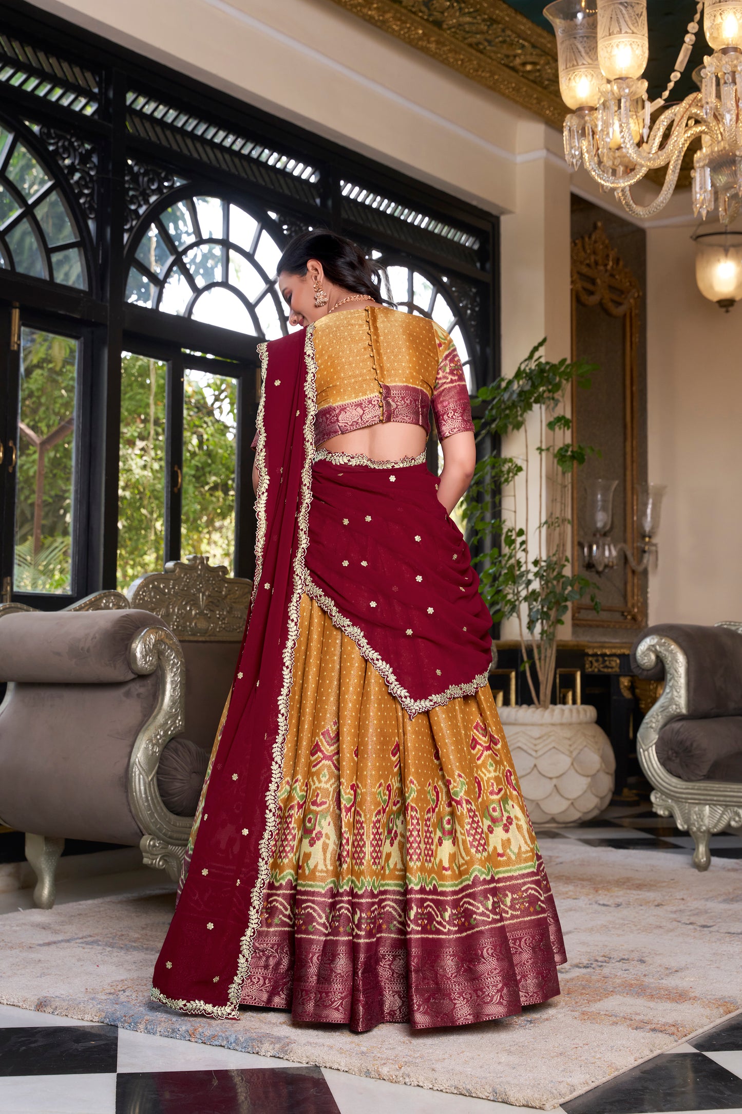 Mustard Color Printed With Zari Weaving Work Kanchipuram Lehenga Choli