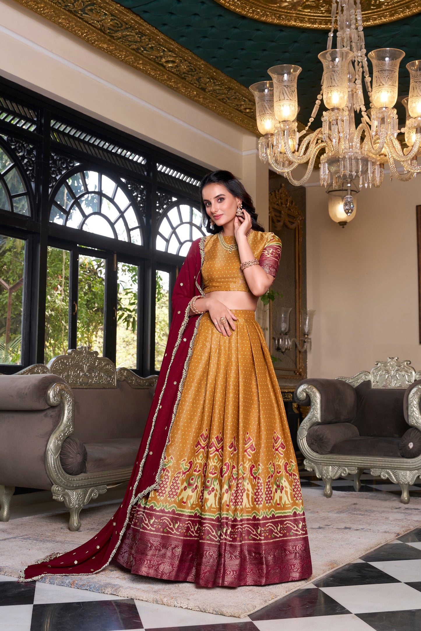 Mustard Color Printed With Zari Weaving Work Kanchipuram Lehenga Choli