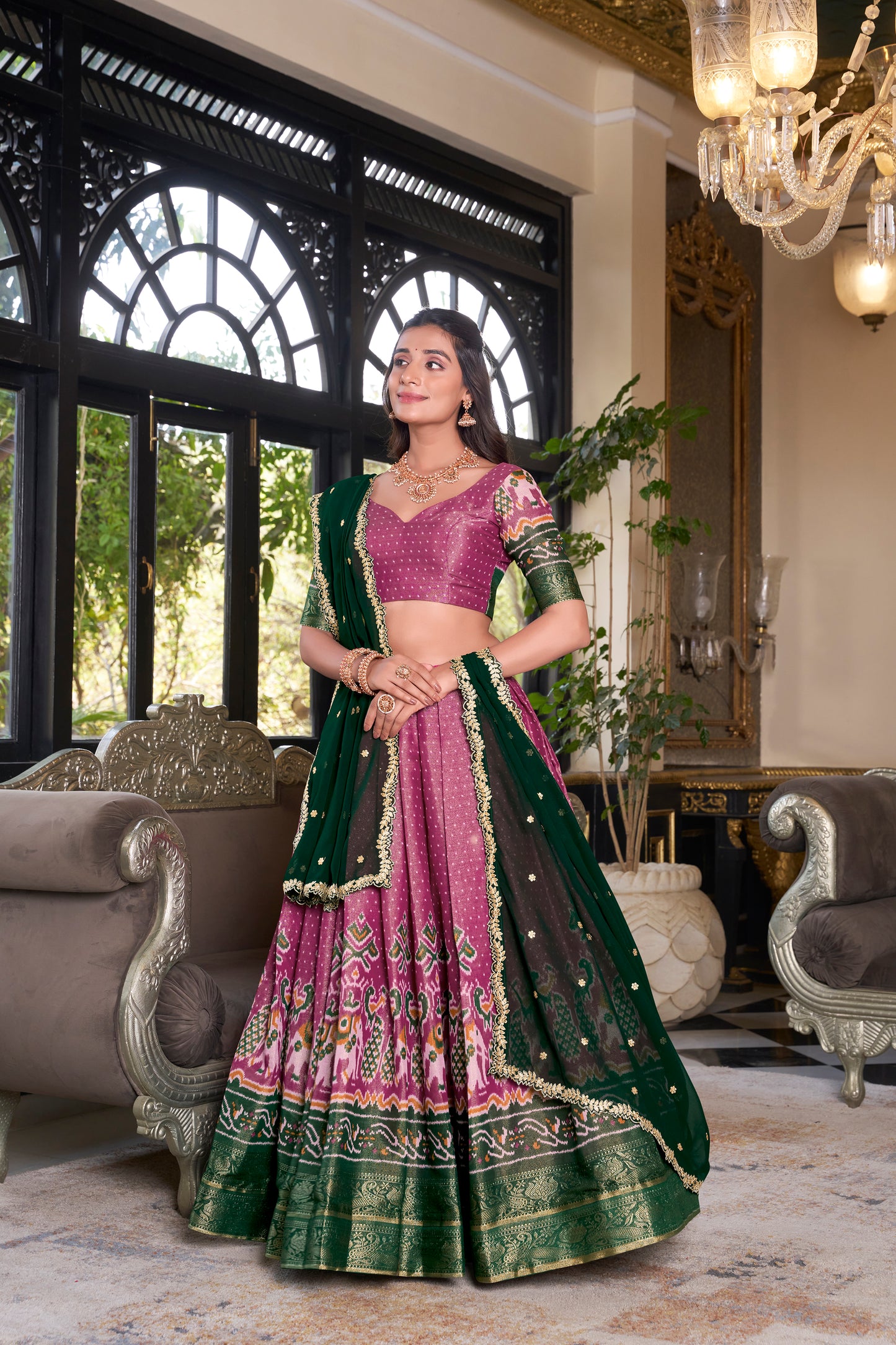 Pink Color Printed With Zari Weaving Work Kanchipuram Lehenga Choli