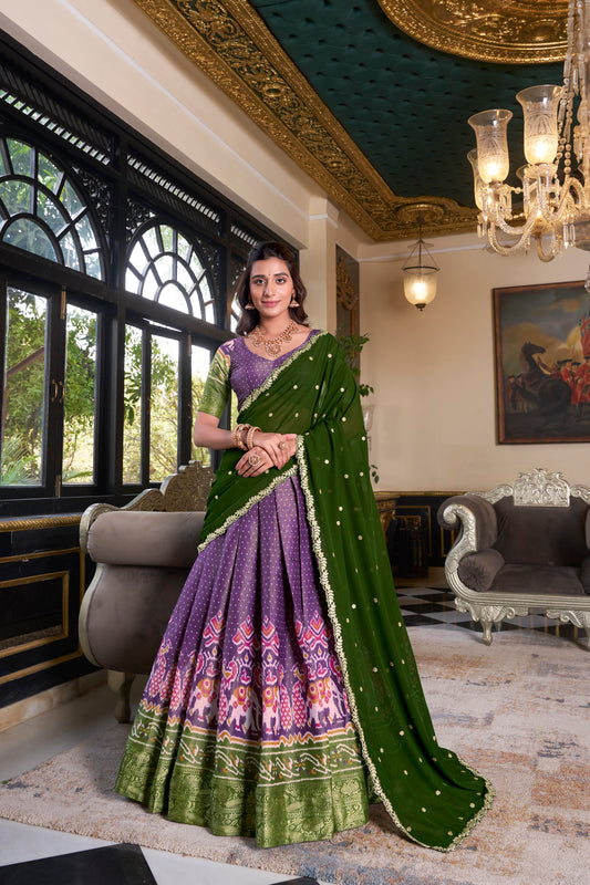 Purple Color Printed With Zari Weaving Work Kanchipuram Lehenga Choli
