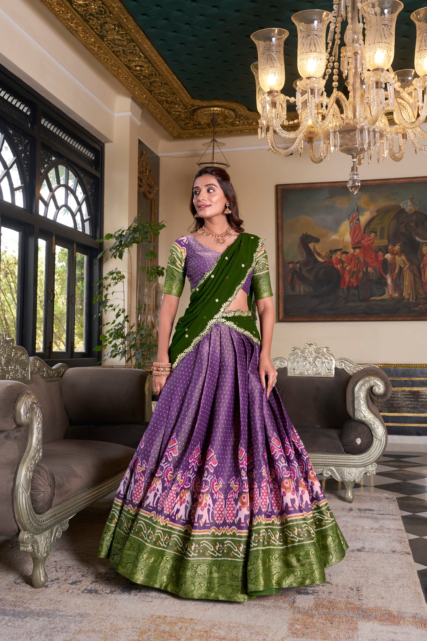 Purple Color Printed With Zari Weaving Work Kanchipuram Lehenga Choli