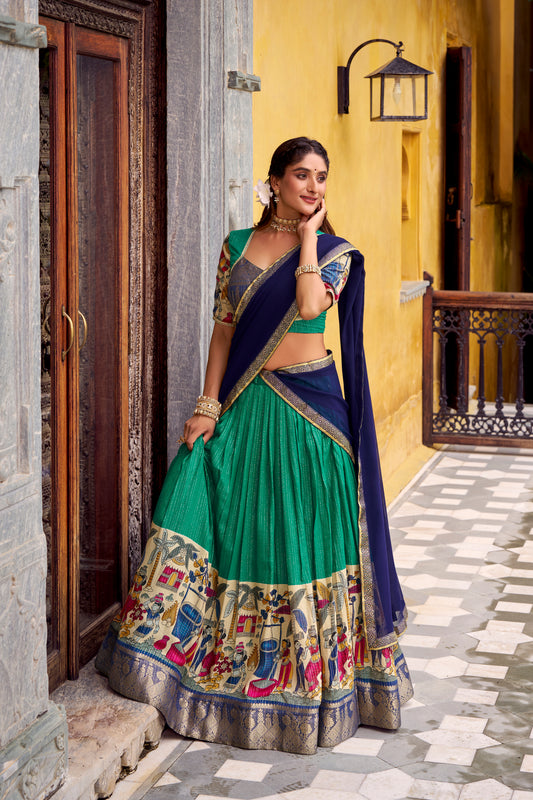 Bottle Green Color Kalamkari Print With Zari Weaving Work Poly Chanderi Lehenga Choli