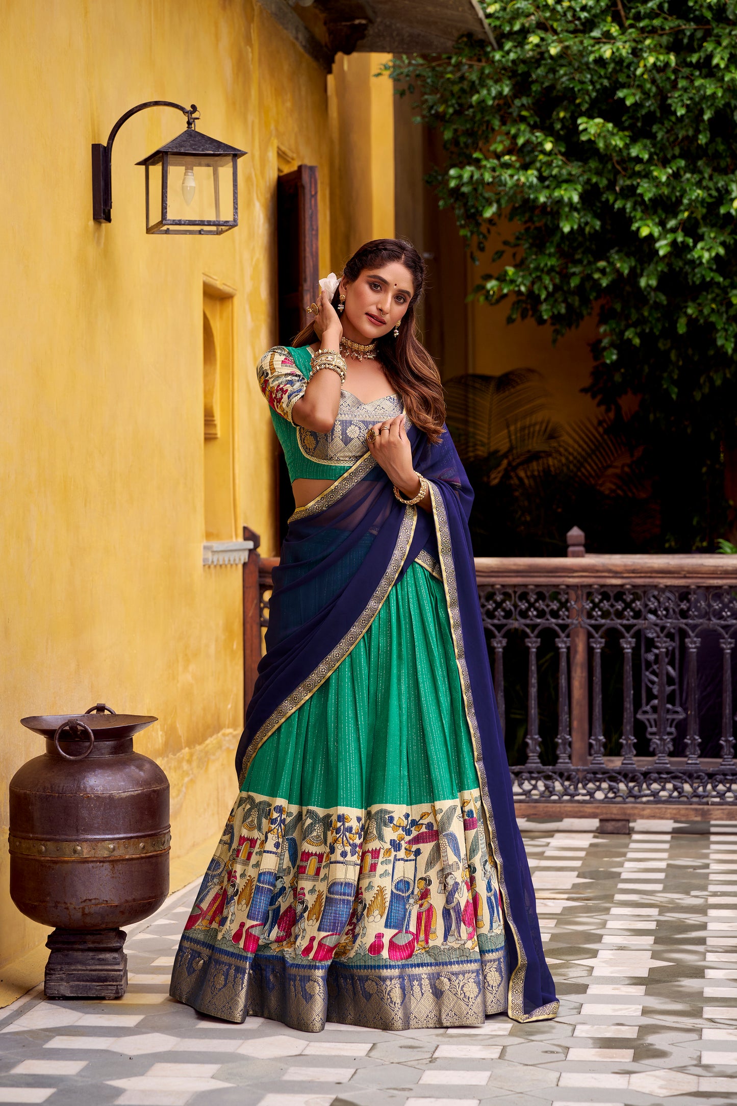 Bottle Green Color Kalamkari Print With Zari Weaving Work Poly Chanderi Lehenga Choli