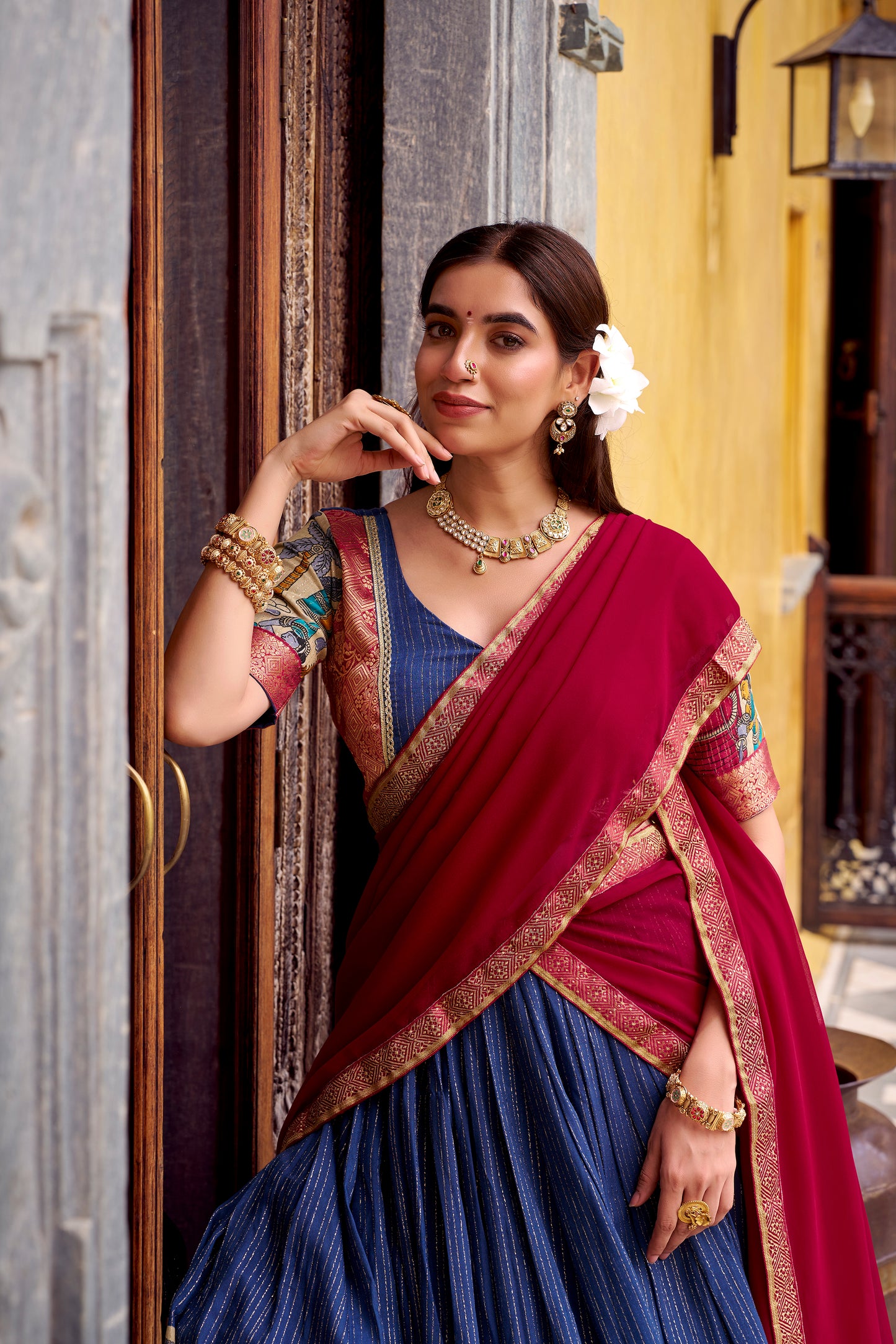 Navy Blue Color Kalamkari Print With Zari Weaving Work Poly Chanderi Lehenga Choli