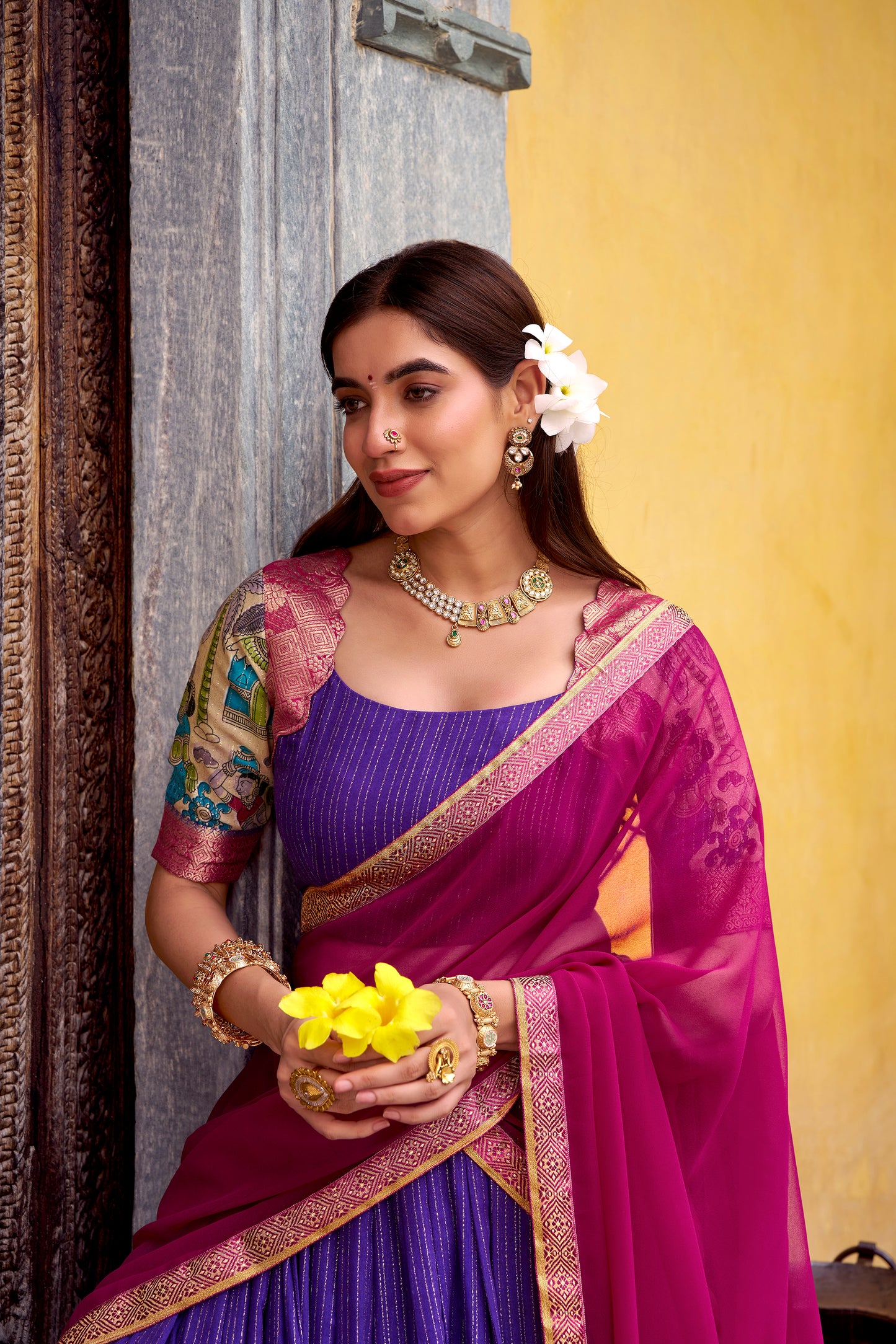 Purple Color Kalamkari Print With Zari Weaving Work Poly Chanderi Lehenga Choli