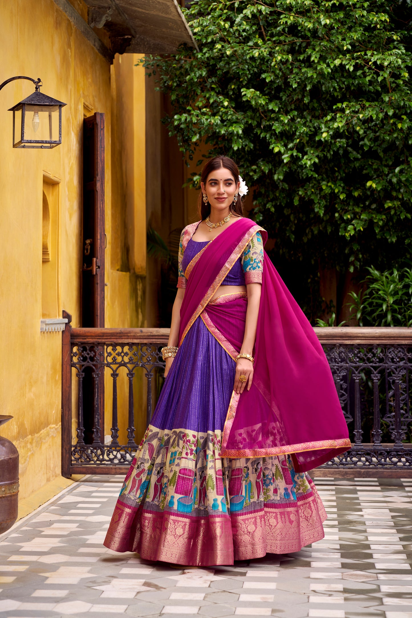 Purple Color Kalamkari Print With Zari Weaving Work Poly Chanderi Lehenga Choli
