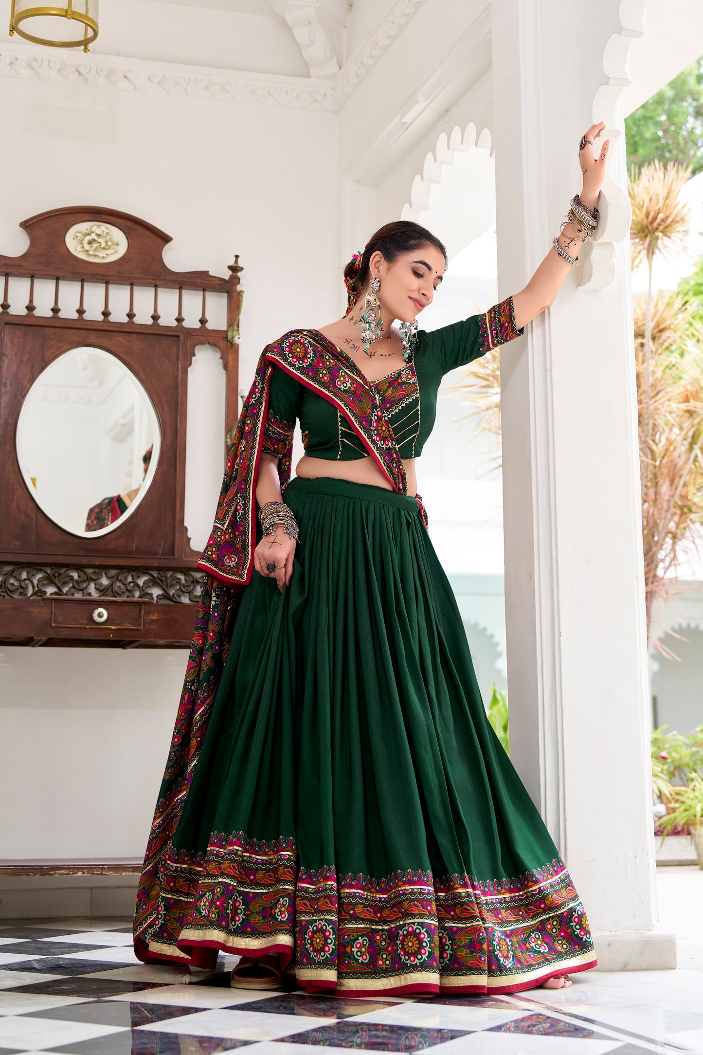 Green Color Gamthi Print And Embossed Design Tussar Silk Lehenga Choli
