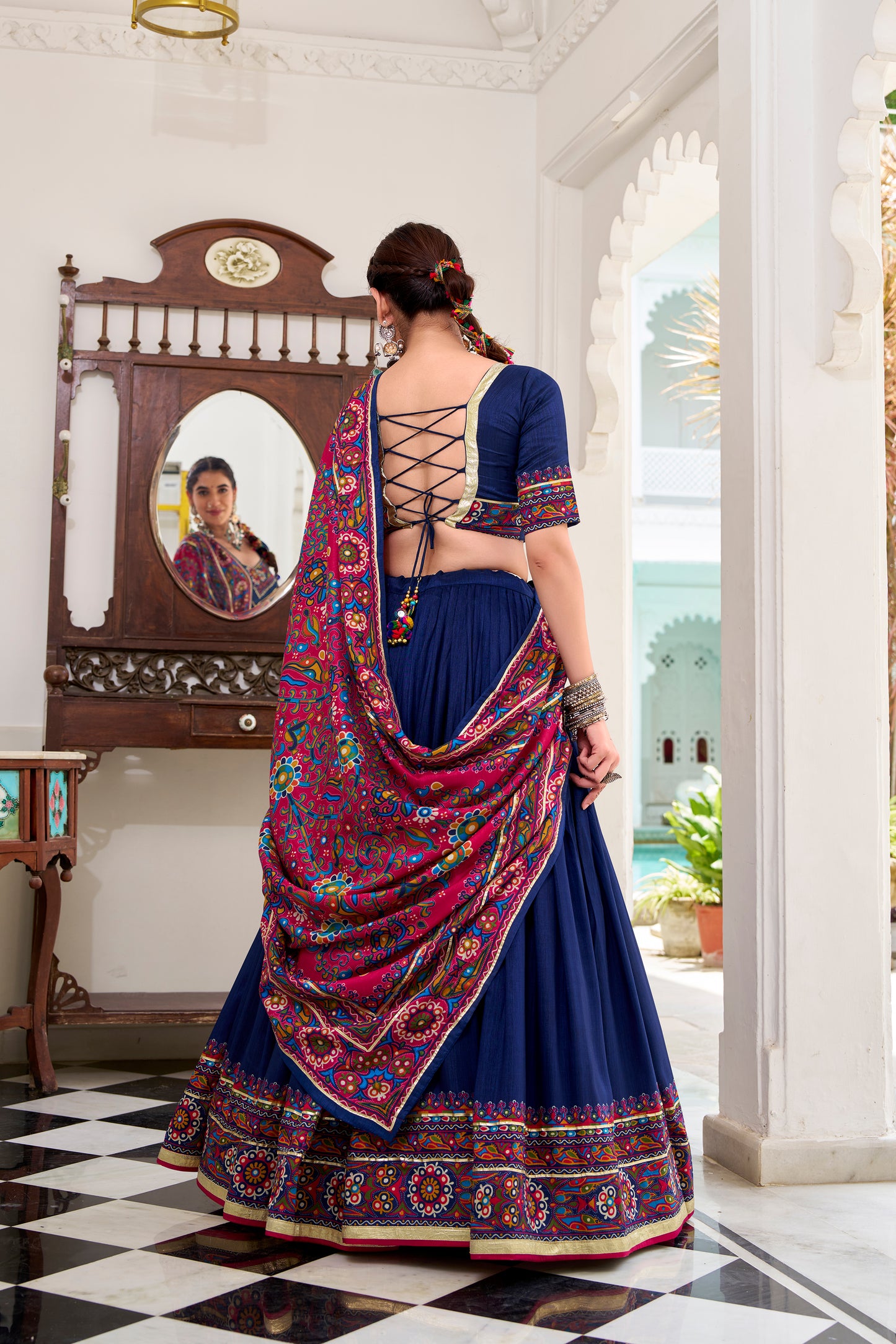 Navy Blue Color Gamthi Print And Embossed Design Tussar Silk Lehenga Choli