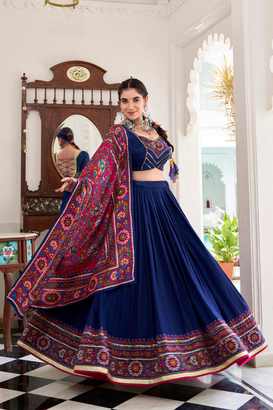 Navy Blue Color Gamthi Print And Embossed Design Tussar Silk Lehenga Choli