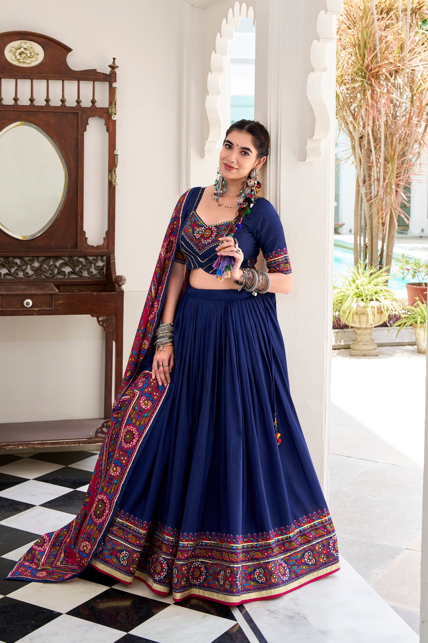 Navy Blue Color Gamthi Print And Embossed Design Tussar Silk Lehenga Choli