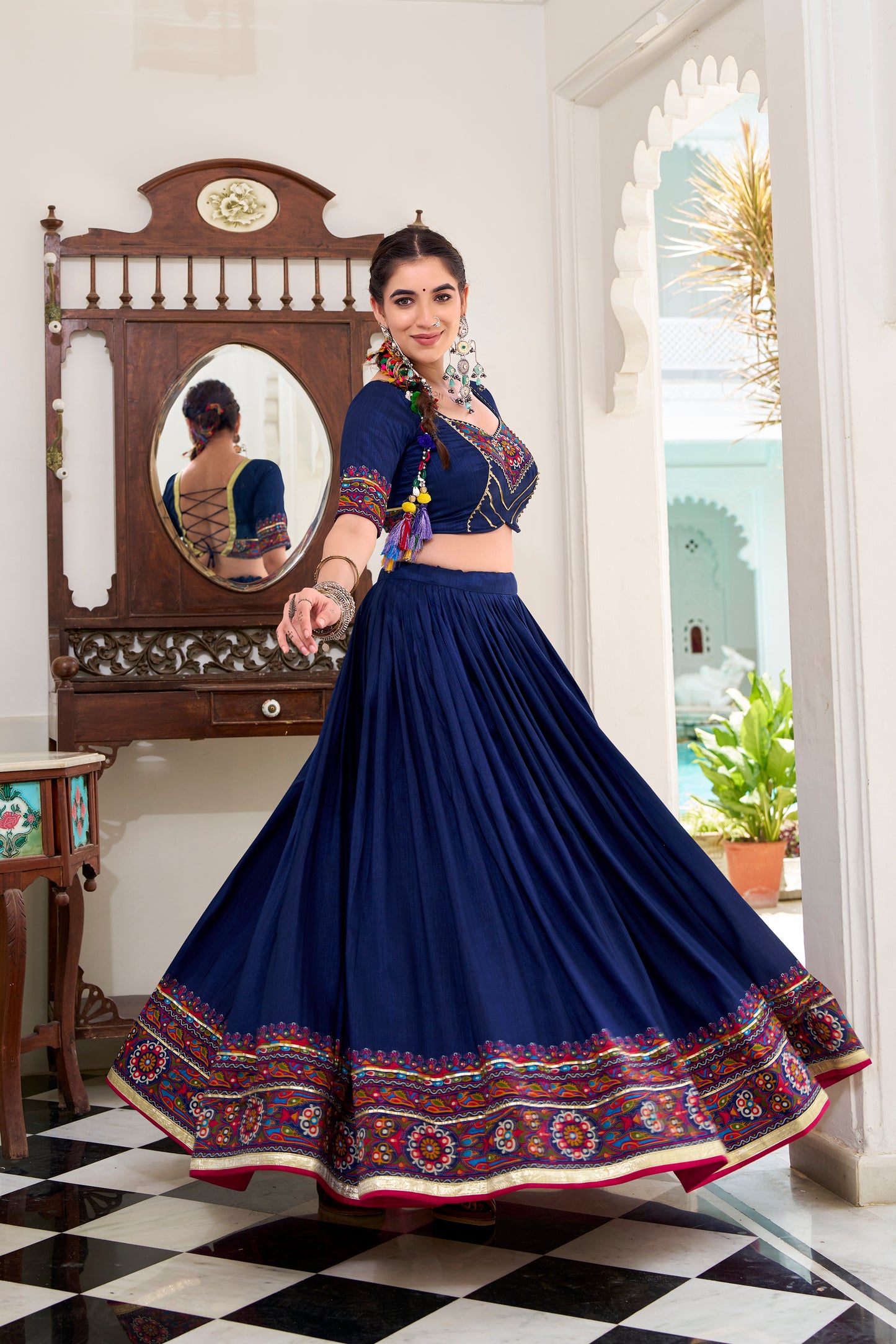 Navy Blue Color Gamthi Print And Embossed Design Tussar Silk Lehenga Choli
