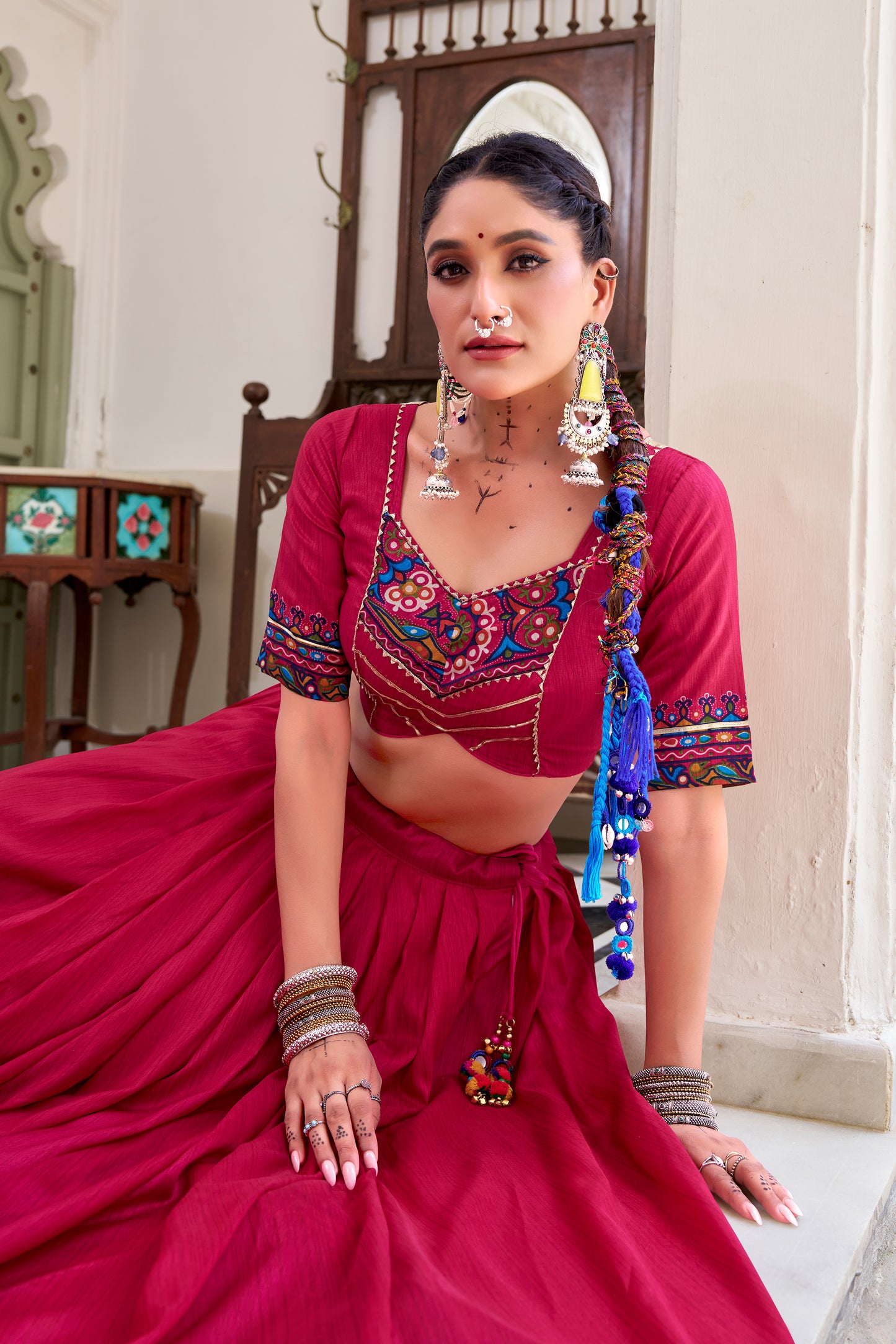 Pink Color Gamthi Print And Embossed Design Tussar Silk Lehenga Choli