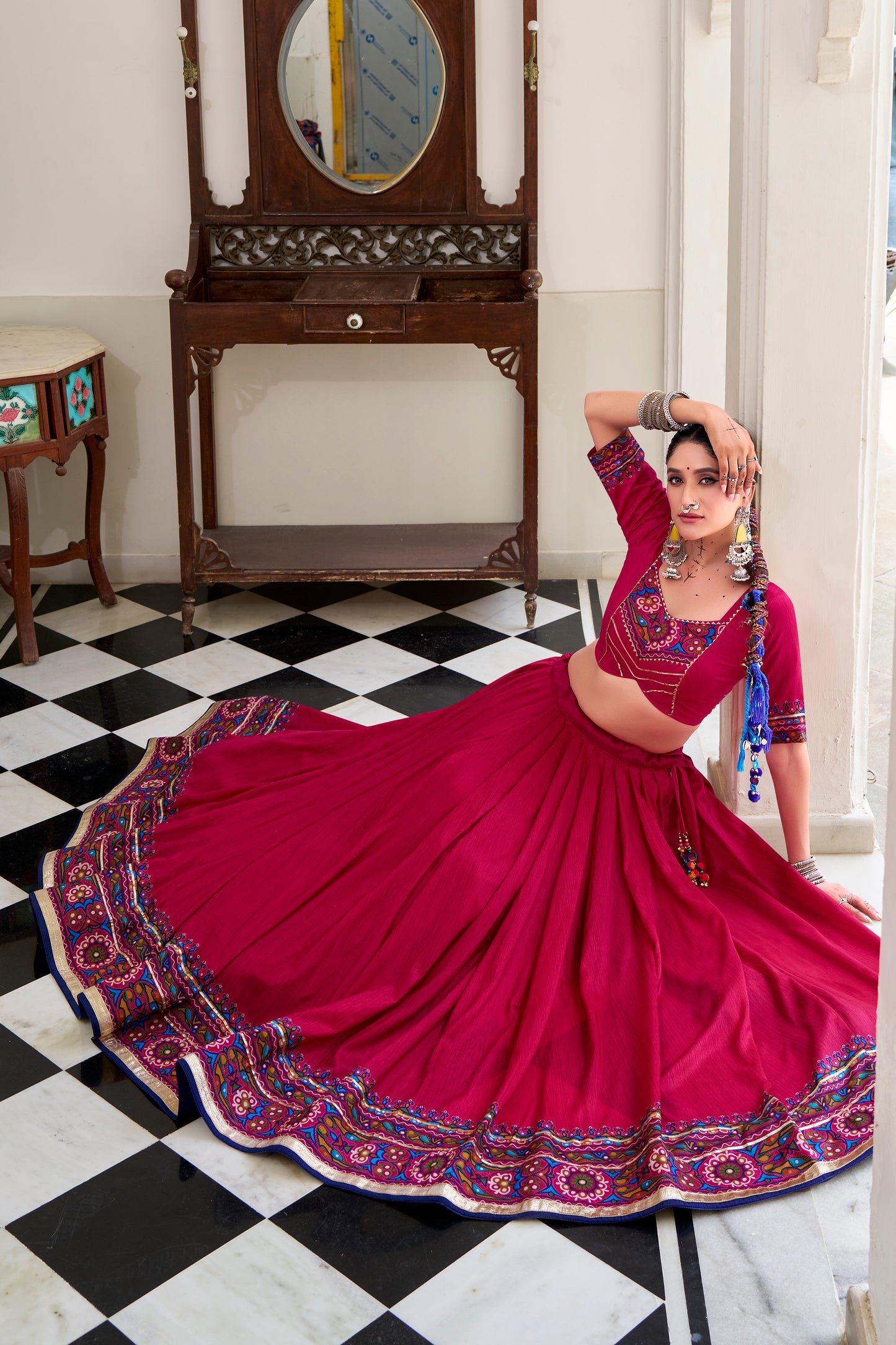 Pink Color Gamthi Print And Embossed Design Tussar Silk Lehenga Choli
