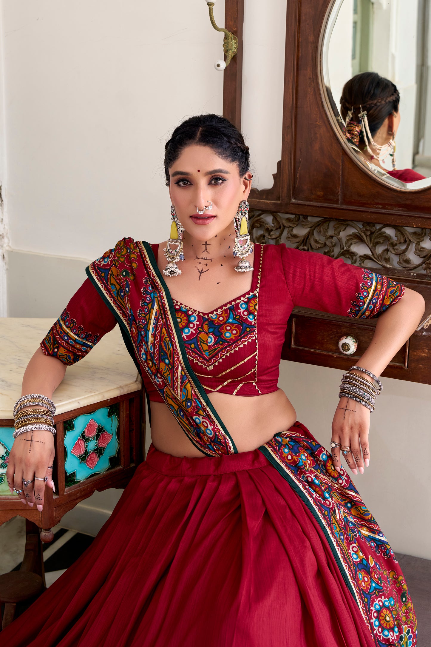 Red Color Gamthi Print And Embossed Design Tussar Silk Lehenga Choli