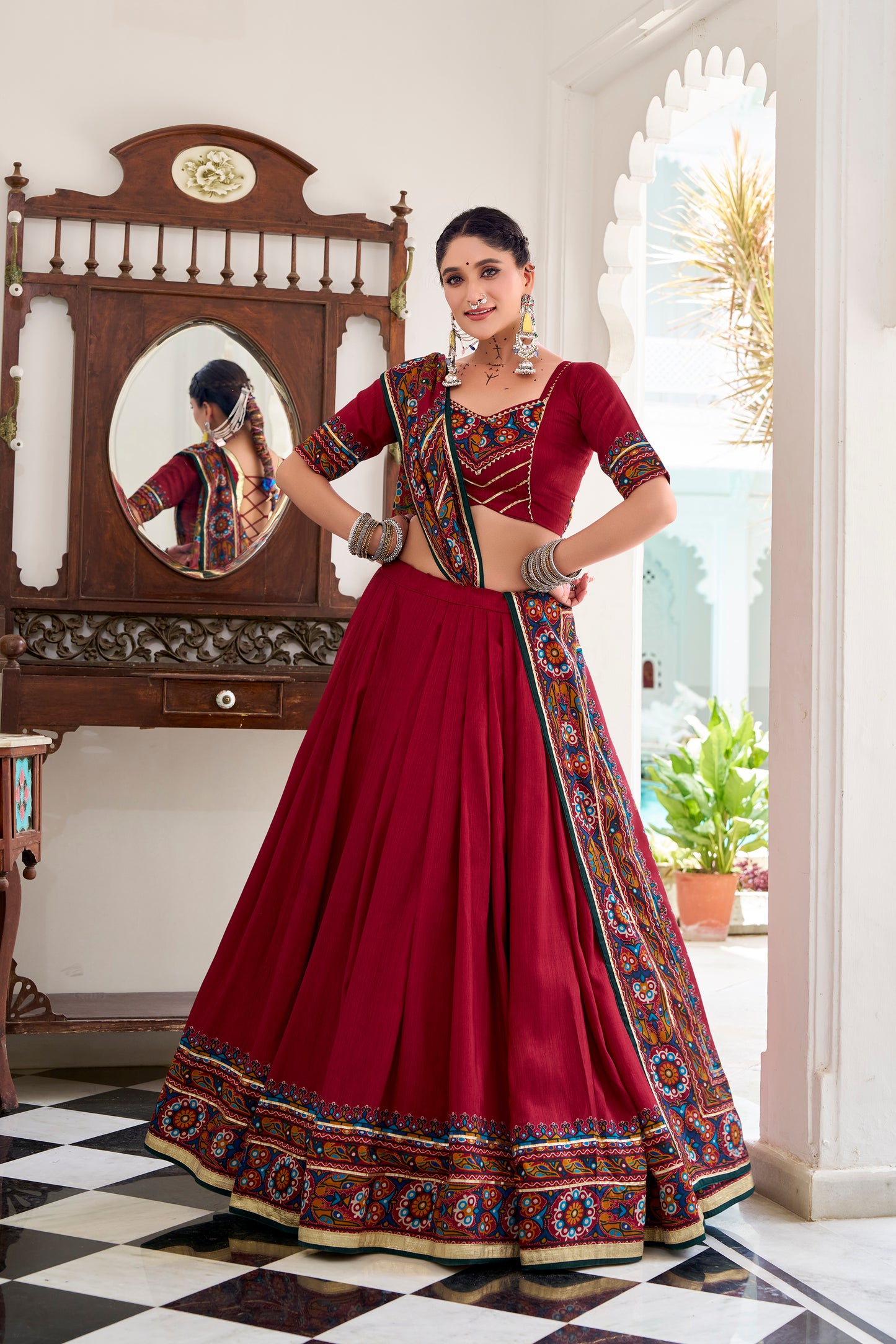 Red Color Gamthi Print And Embossed Design Tussar Silk Lehenga Choli