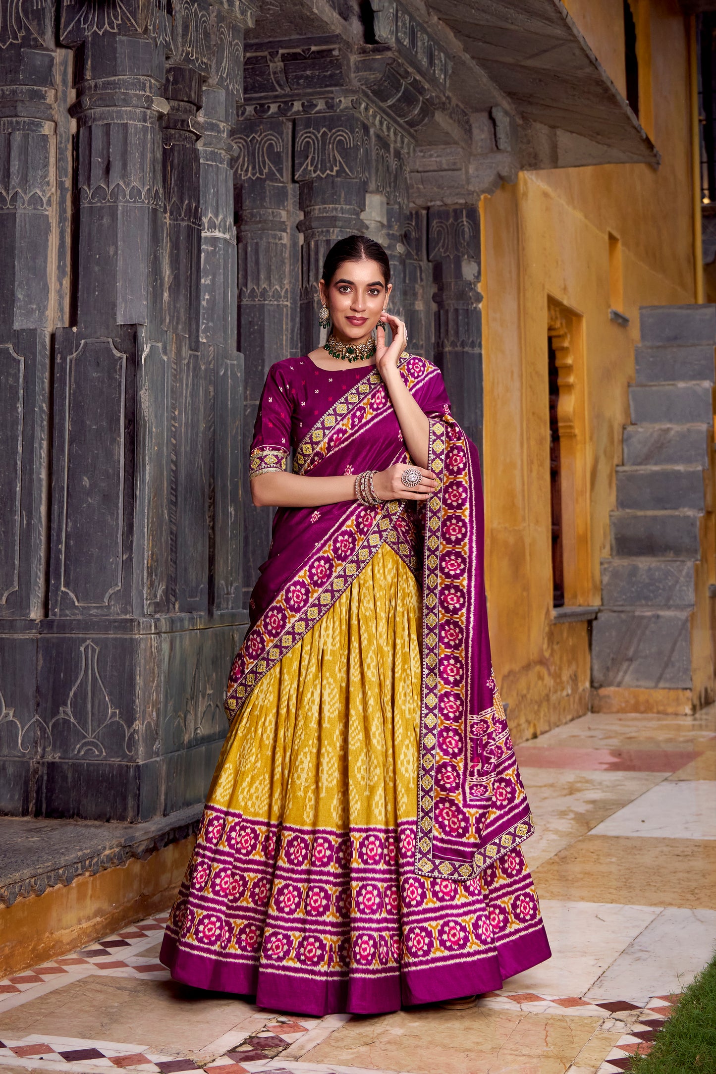 Mustard Color Ikkat Patola Printed Tasar Silk Lehenga Choli