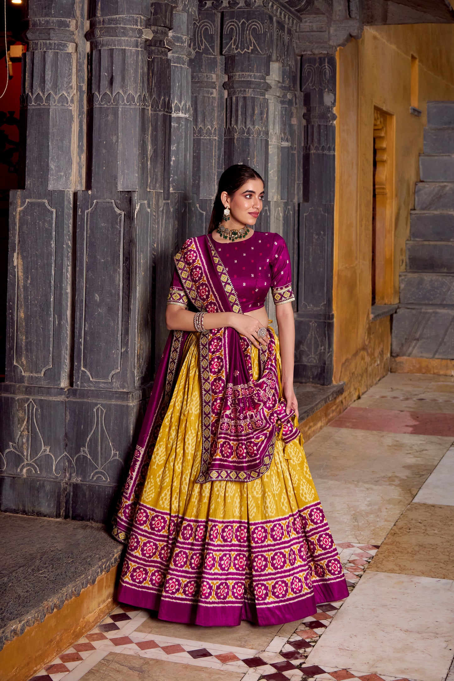 Mustard Color Ikkat Patola Printed Tasar Silk Lehenga Choli