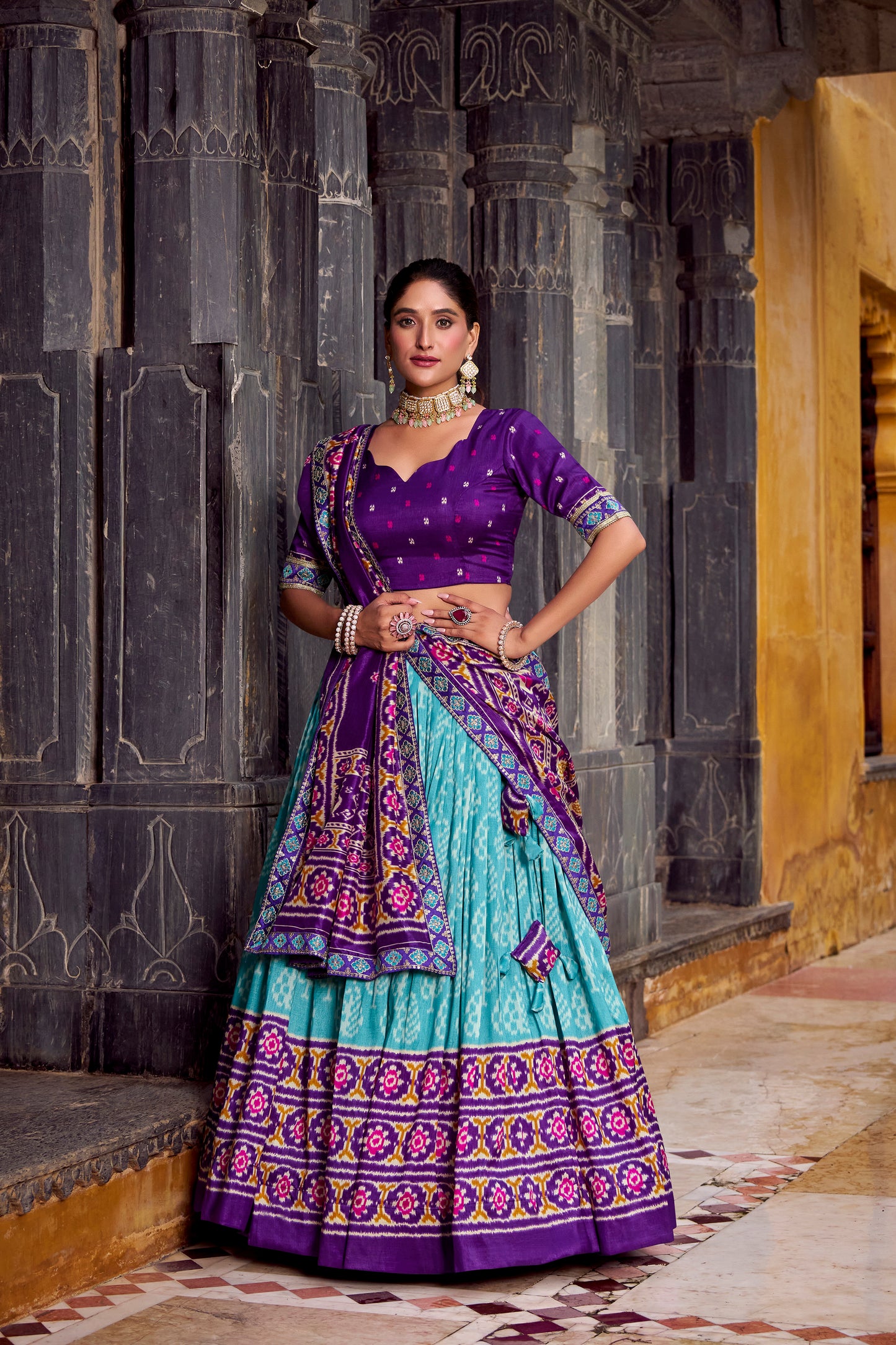 Sky Blue Color Ikkat Patola Printed Tasar Silk Lehenga Choli