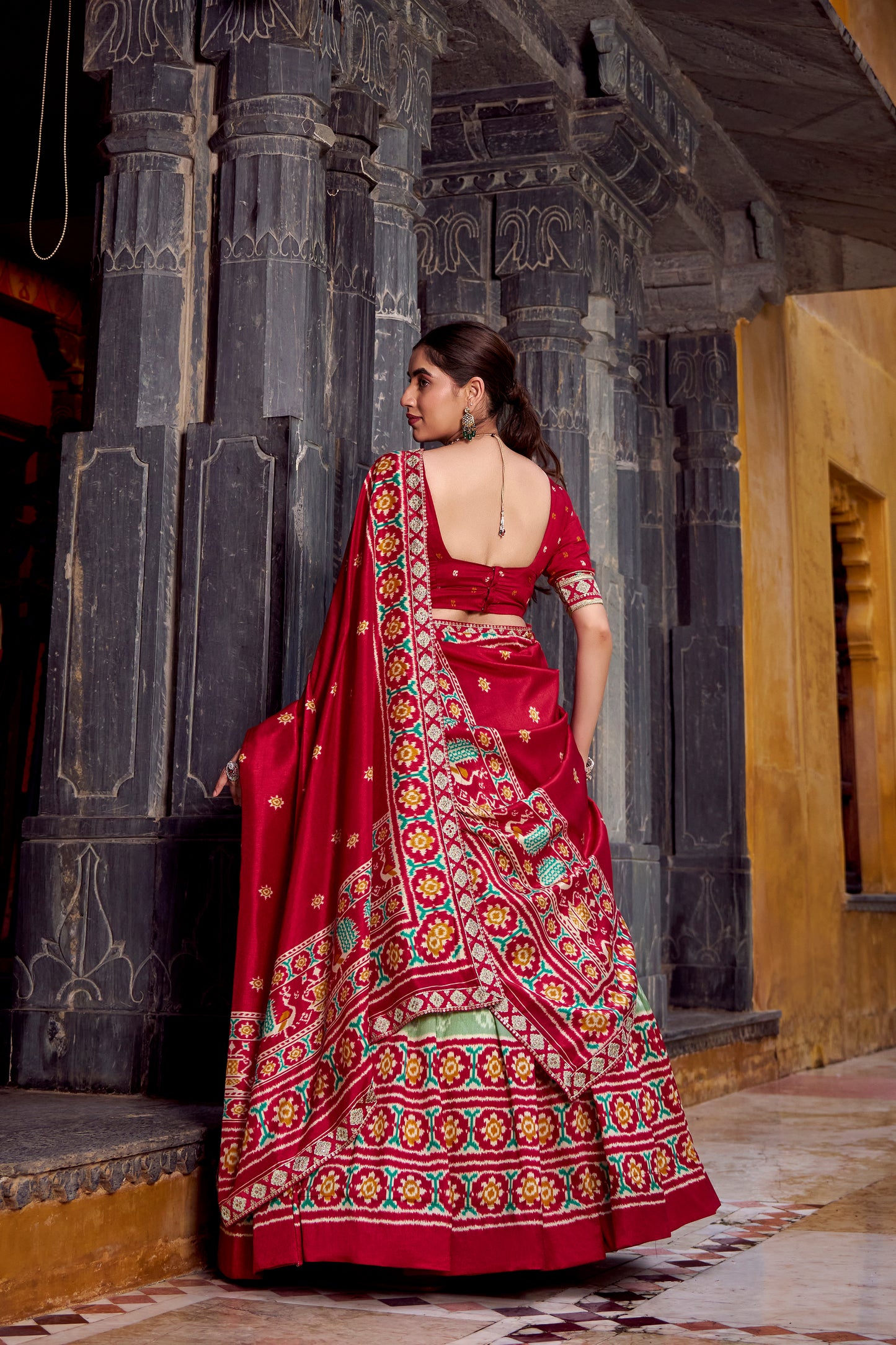See Green Color Ikkat Patola Printed Tasar Silk Lehenga Choli