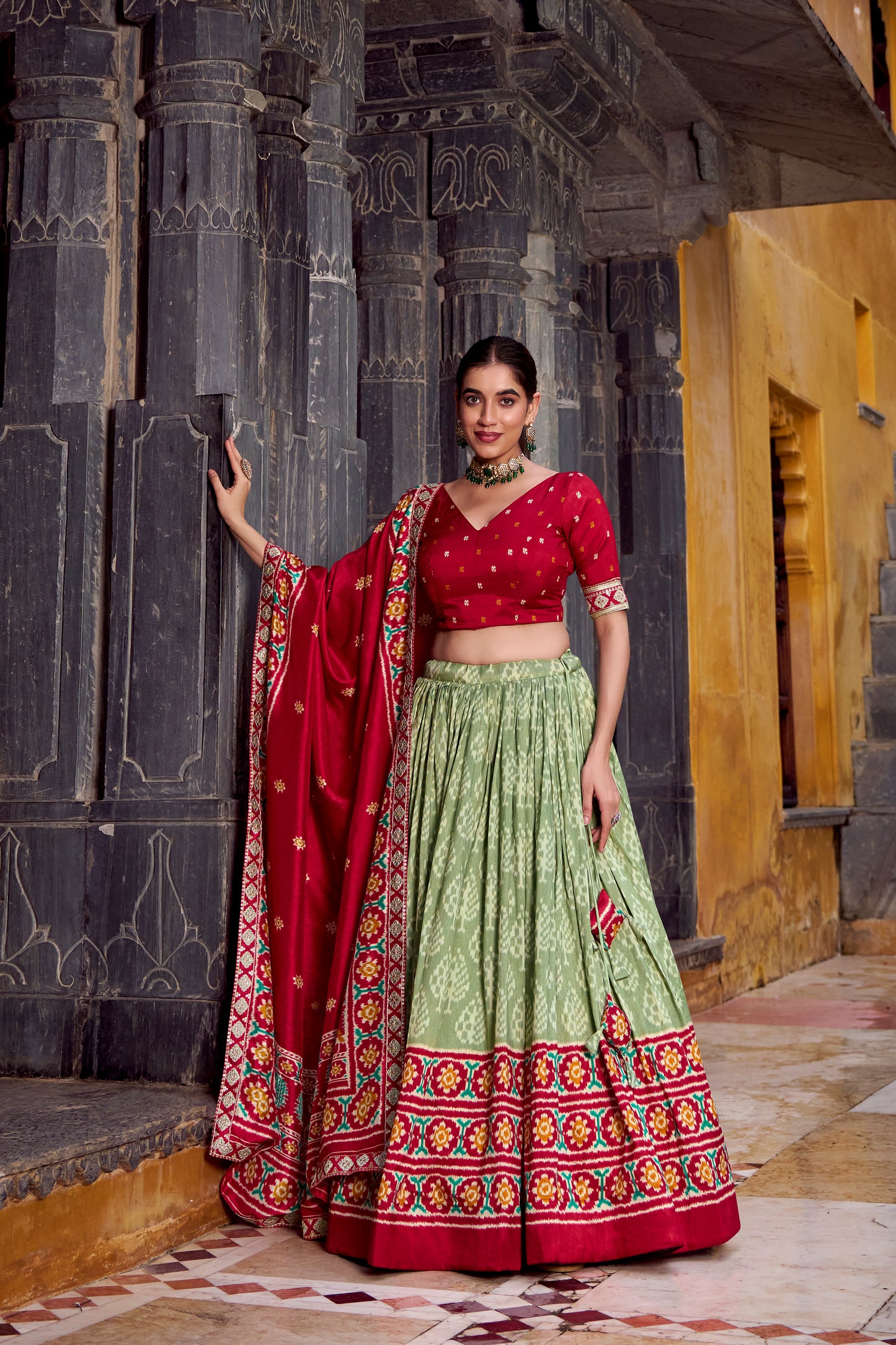 See Green Color Ikkat Patola Printed Tasar Silk Lehenga Choli