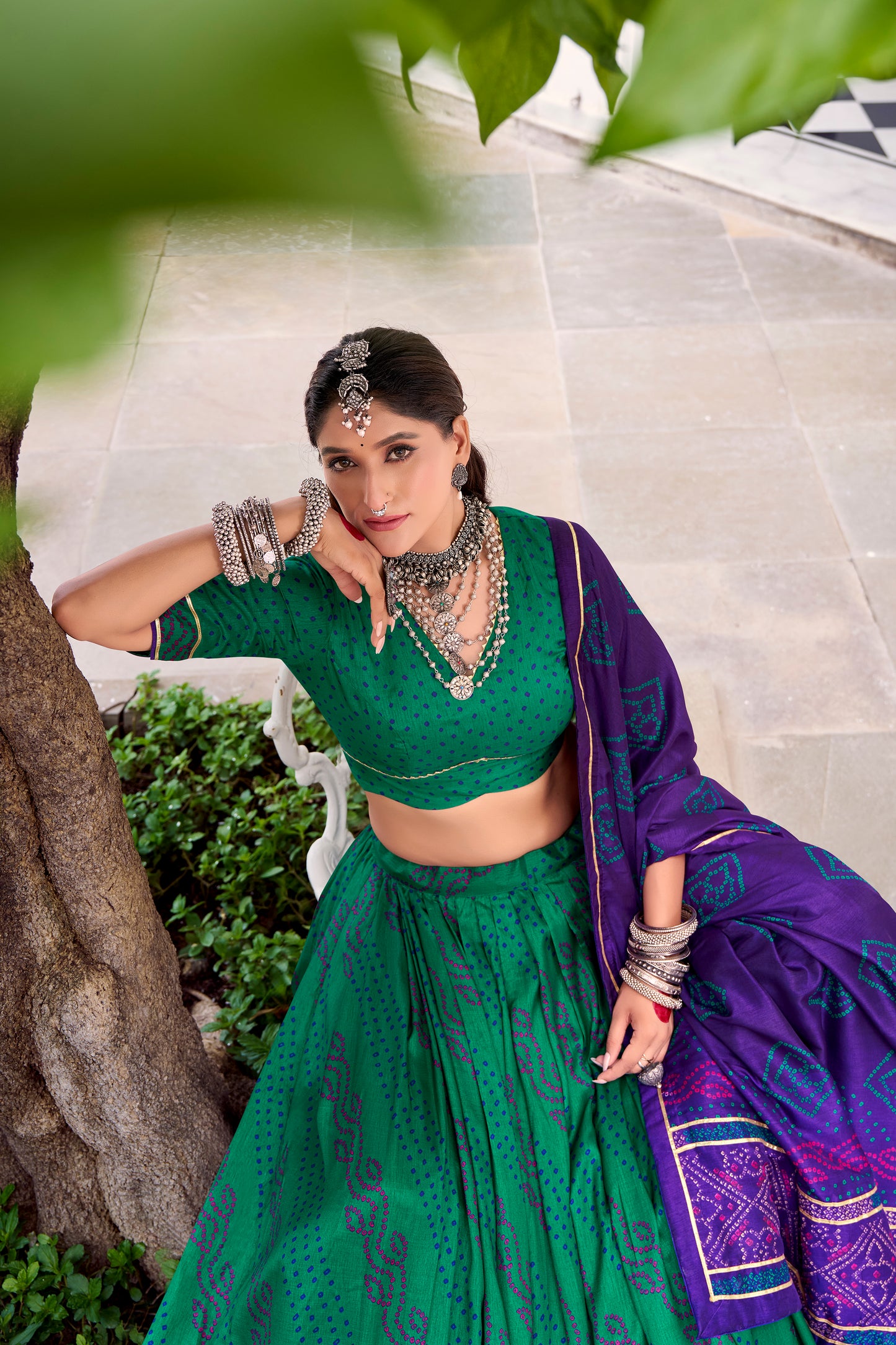 Green Color Bandhej Print With Gotta Patti Lace Tasar Silk Lehenga Choli