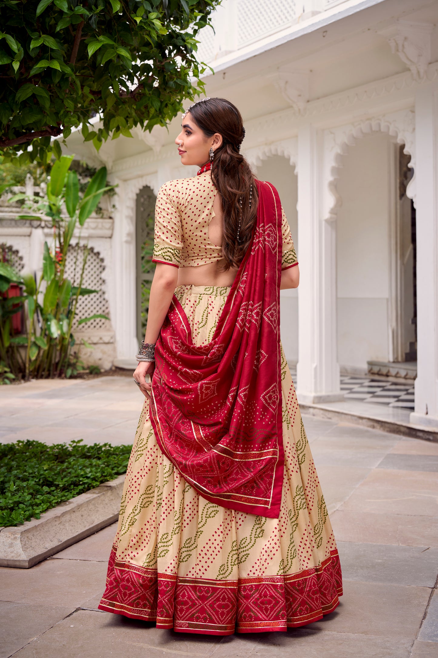 Off White Color Bandhej Print With Gotta Patti Lace Tasar Silk Lehenga Choli