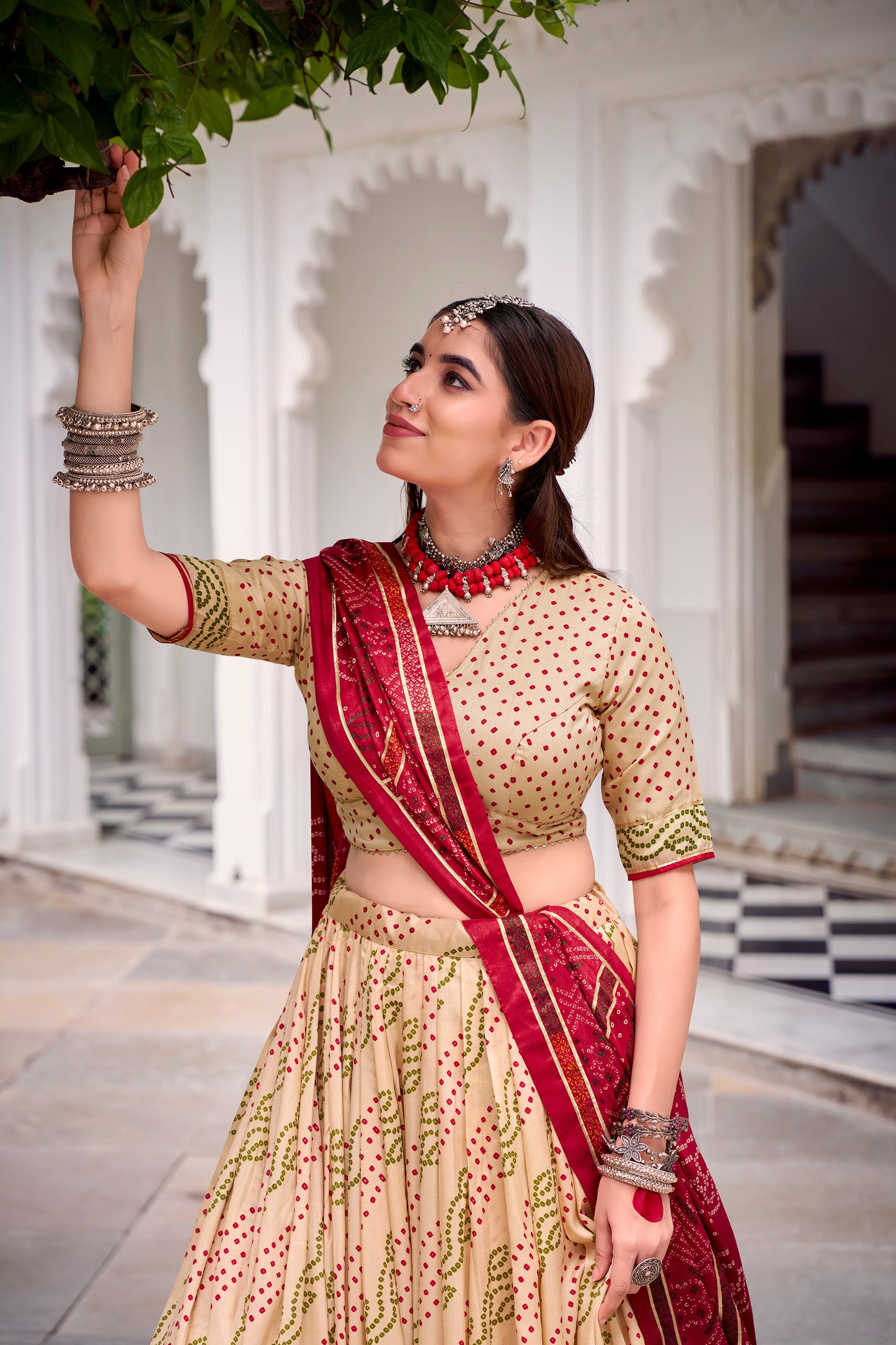 Off White Color Bandhej Print With Gotta Patti Lace Tasar Silk Lehenga Choli