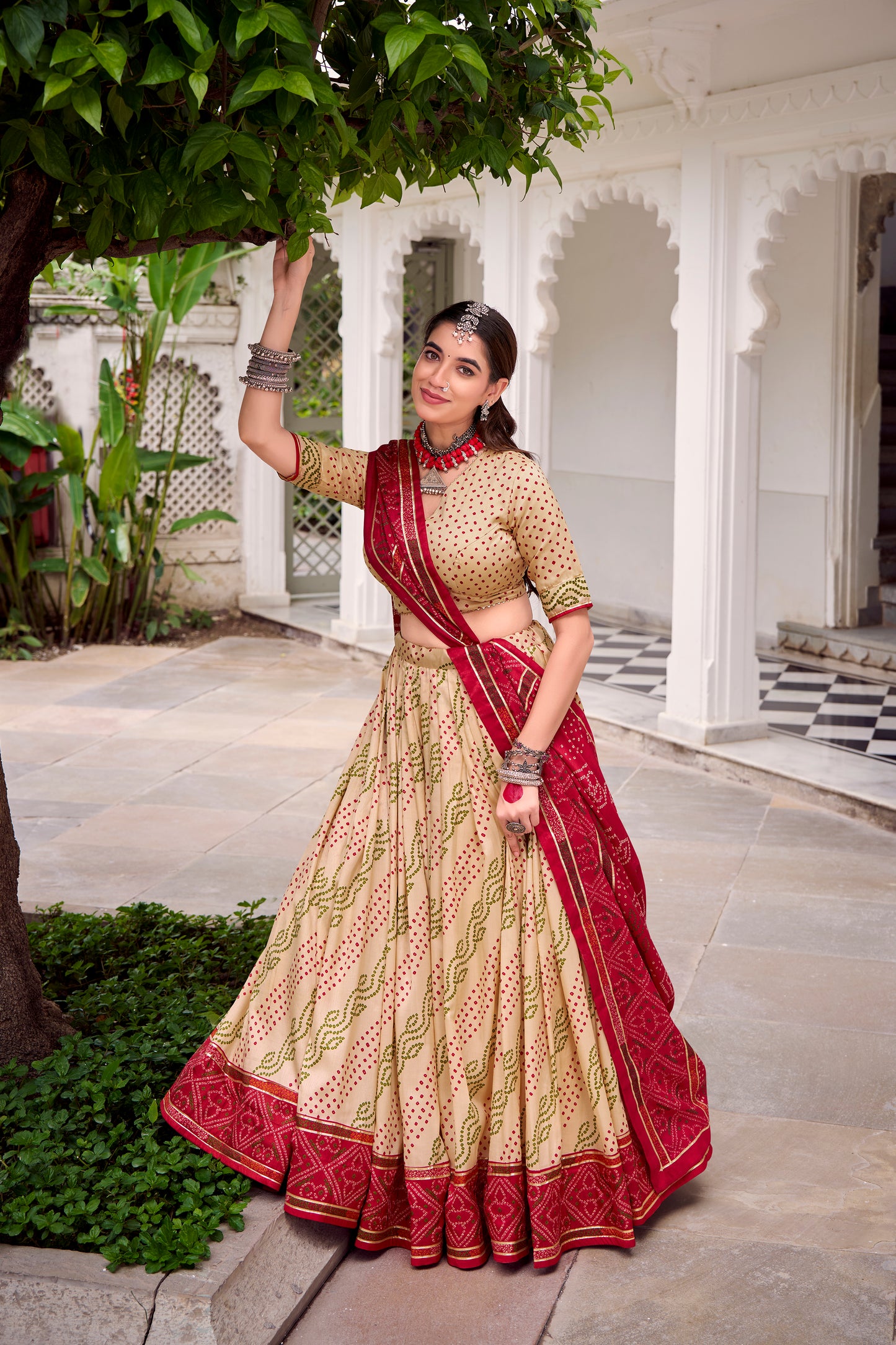 Off White Color Bandhej Print With Gotta Patti Lace Tasar Silk Lehenga Choli