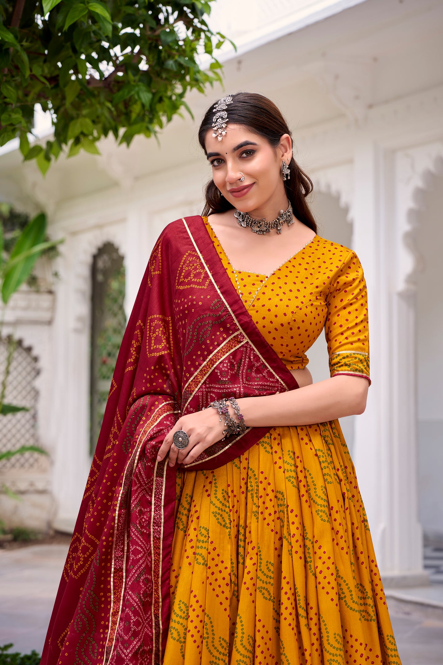 Yellow Color Bandhej Print With Gotta Patti Lace Tasar Silk Lehenga Choli